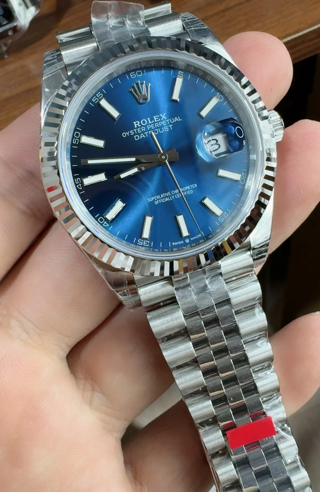 Rolex Datejust Blue Dial 41mm — photographed off the sweep