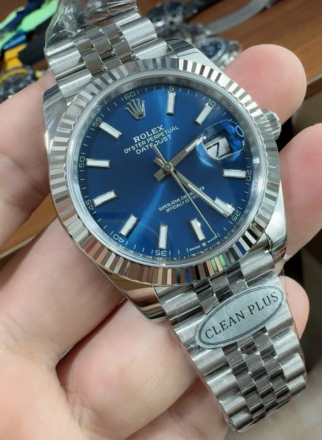 Rolex Datejust Blue Dial 41mm — photographed off the sweep
