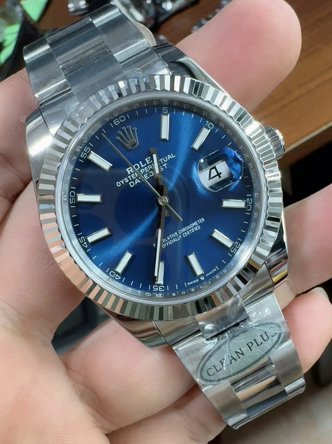 Rolex Datejust Blue Dial 41mm — photographed off the sweep