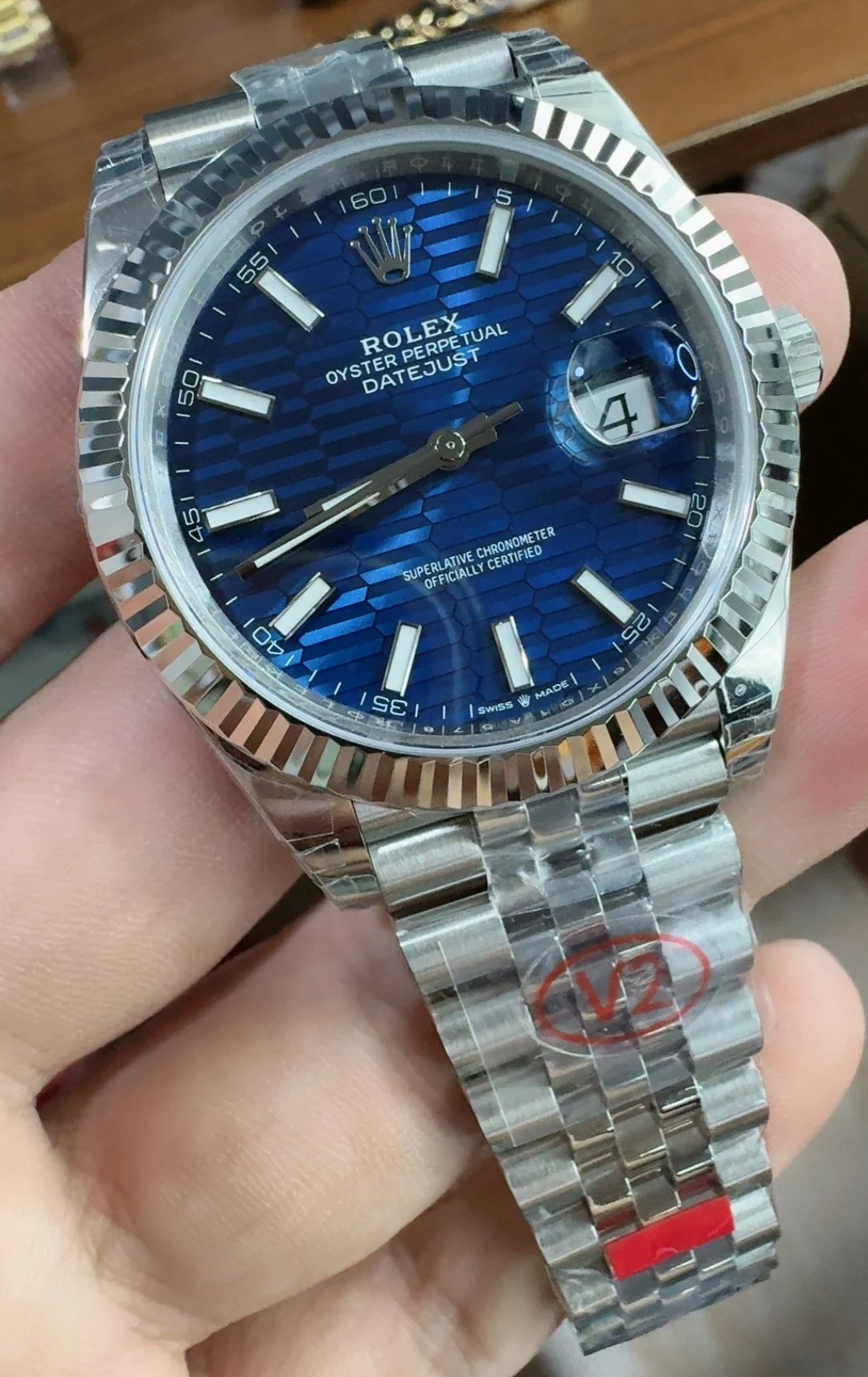 Rolex Datejust Blue Dial 41mm — photographed off the sweep