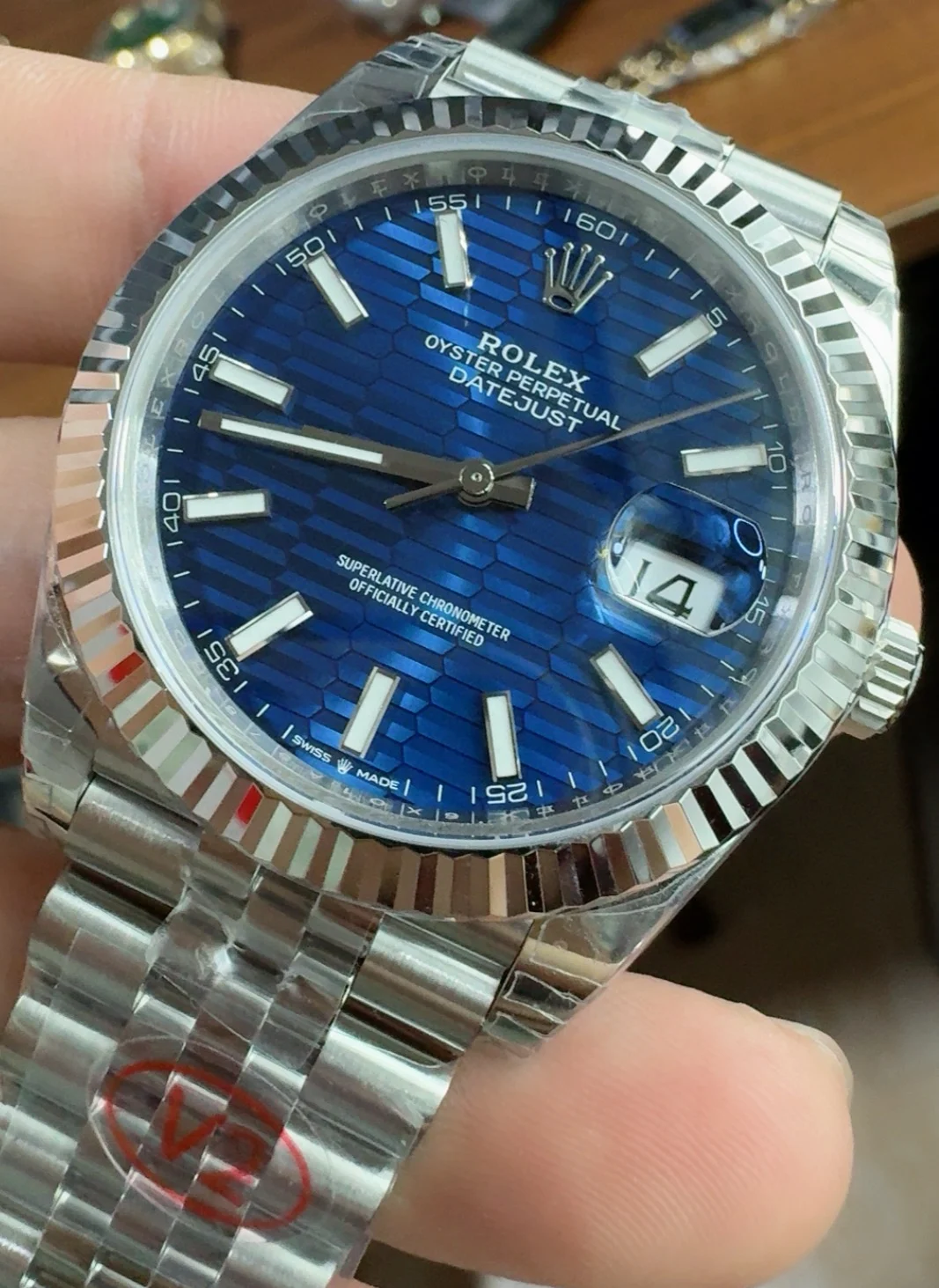 Rolex Datejust Blue Dial 41mm — photographed off the sweep
