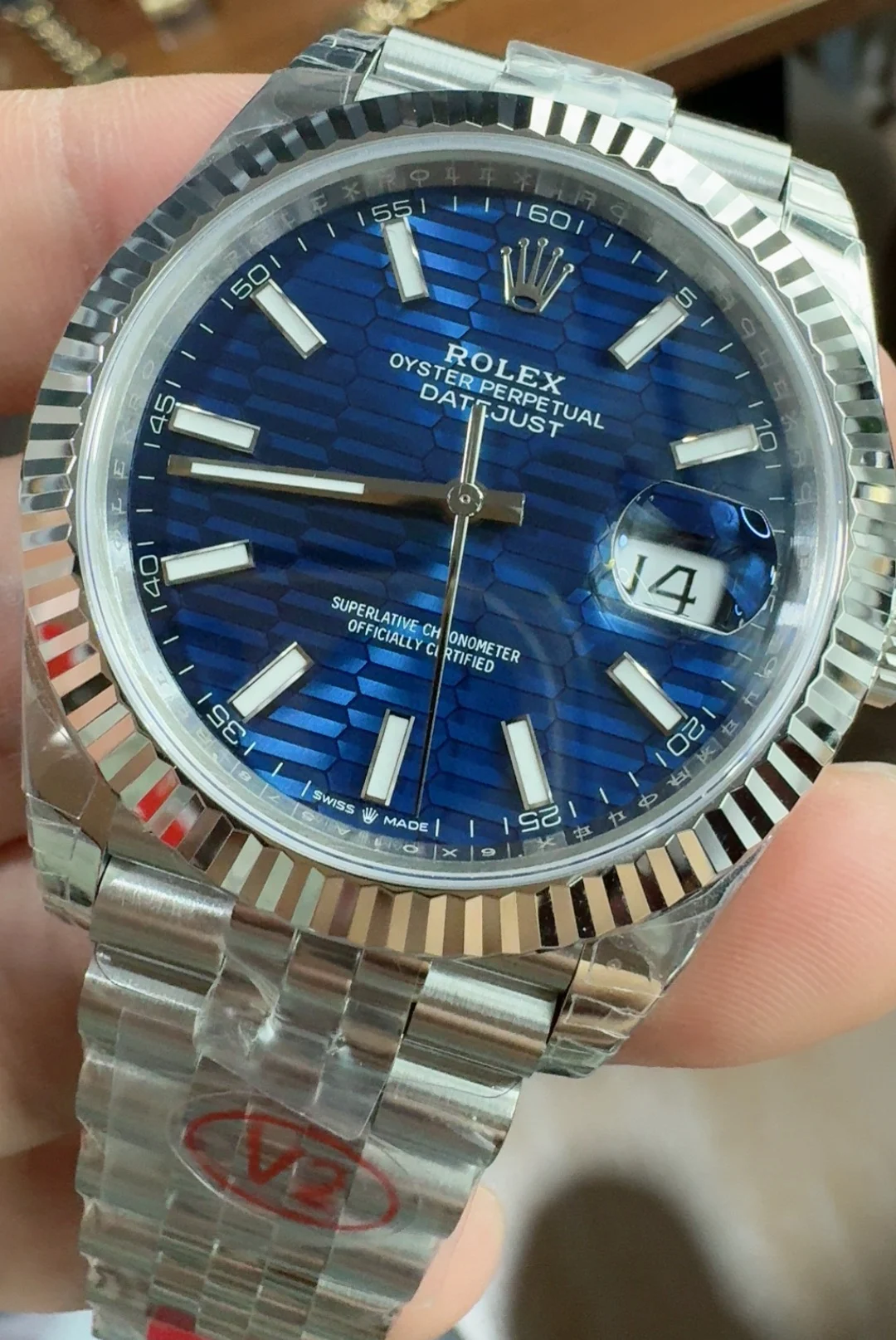 Rolex Datejust Blue Dial 41mm — photographed off the sweep