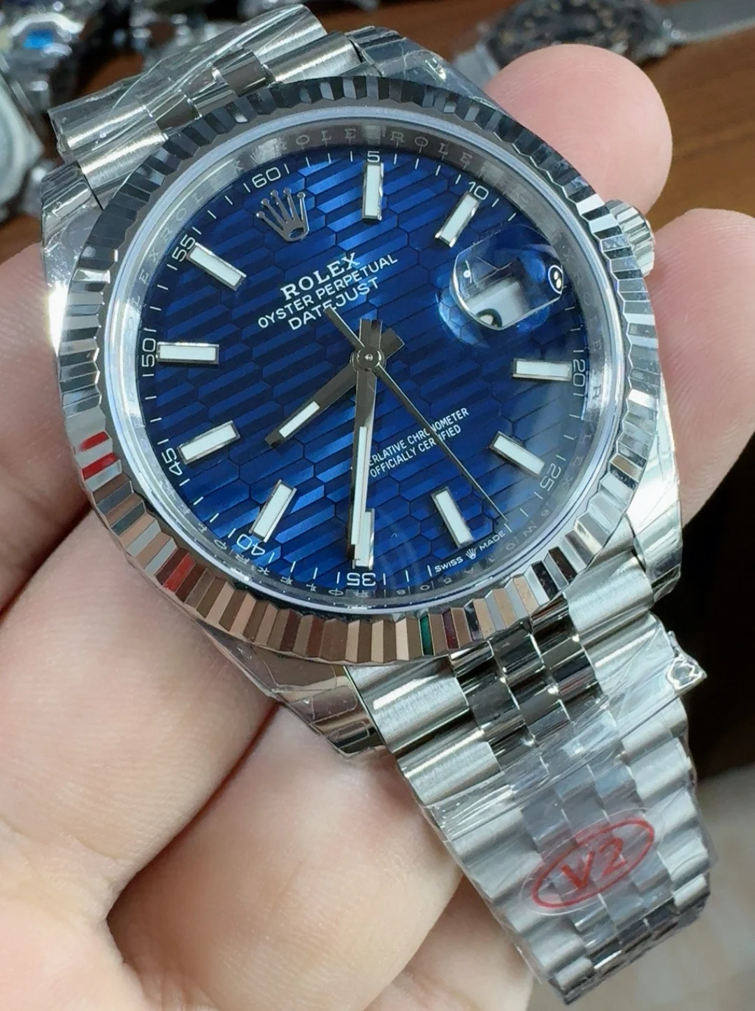 Rolex Datejust Blue Dial 41mm — photographed off the sweep