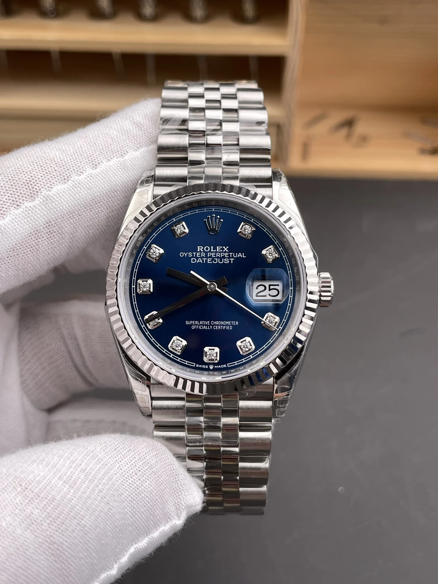 Rolex Datejust Blue Dial Diamond-Set 36mm — photographed off the sweep