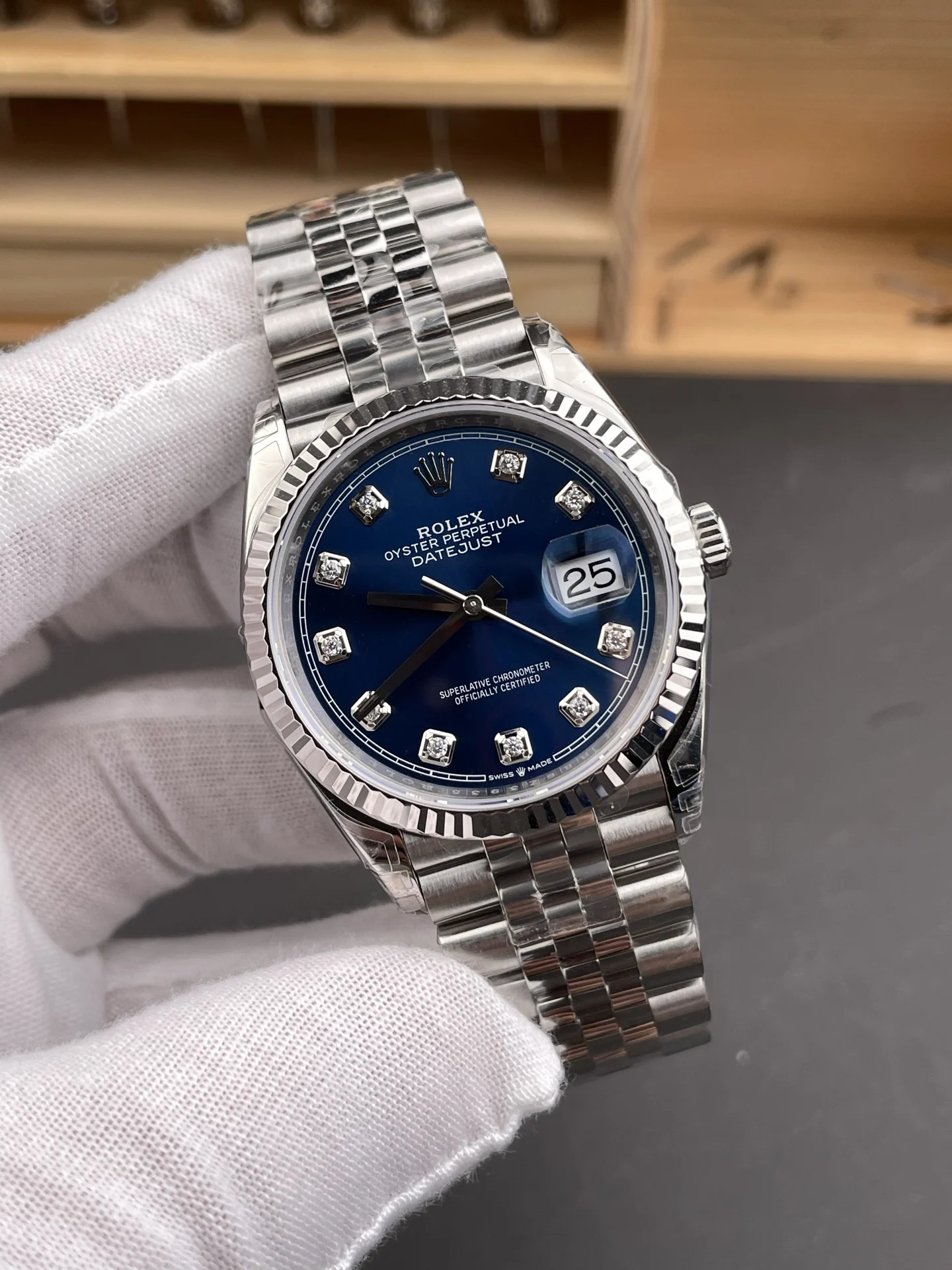 Rolex Datejust Blue Dial Diamond-Set 36mm — photographed off the sweep