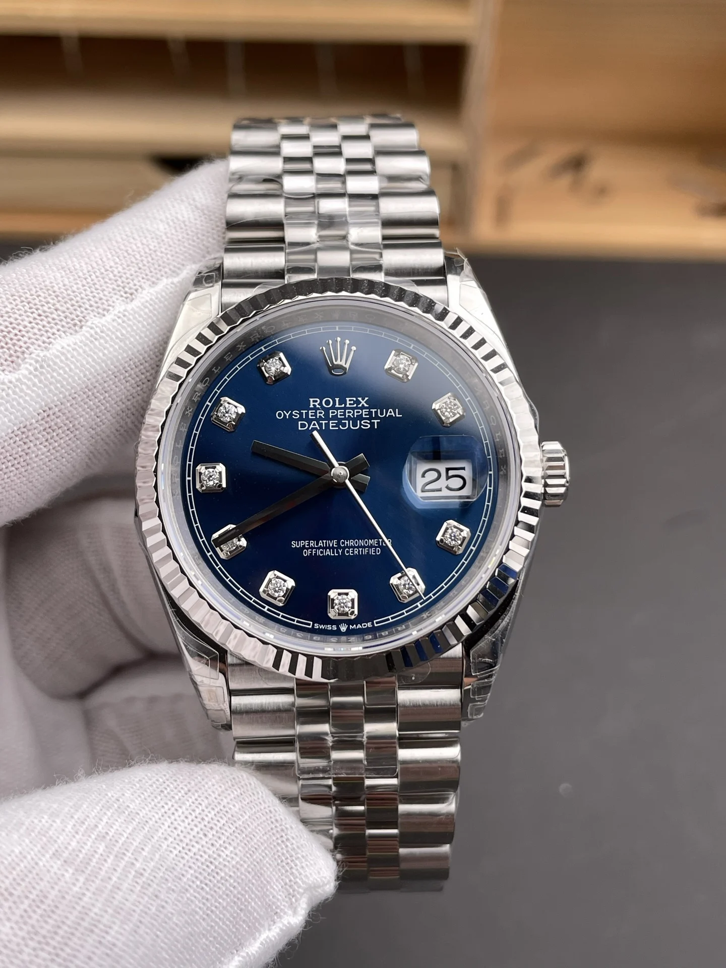 Rolex Datejust Blue Dial Diamond-Set 36mm — photographed off the sweep