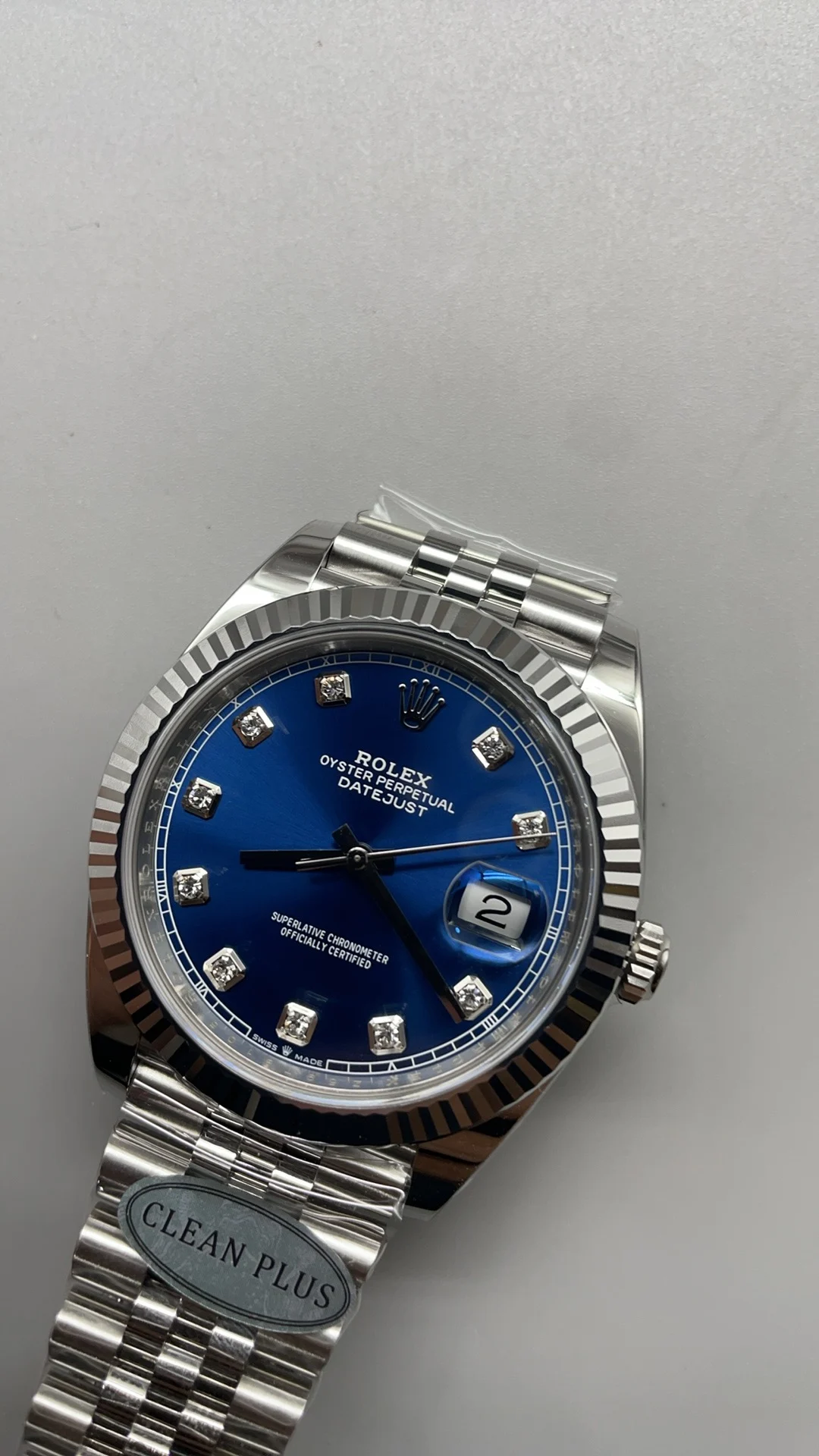 Rolex Datejust Blue Dial Diamond-Set 41mm — photographed off the sweep