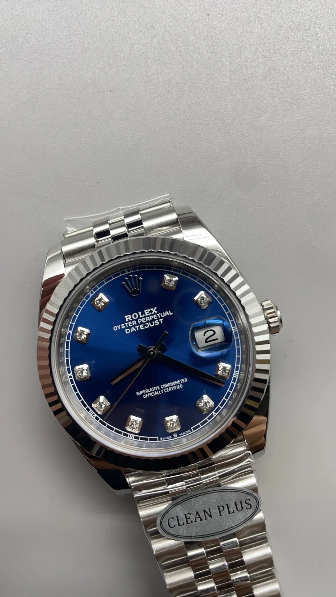 Rolex Datejust Blue Dial Diamond-Set 41mm — photographed off the sweep