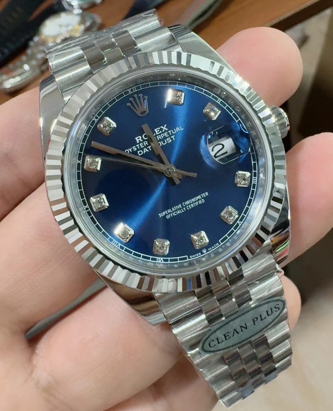 Rolex Datejust Blue Dial Diamond-Set 41mm — photographed off the sweep
