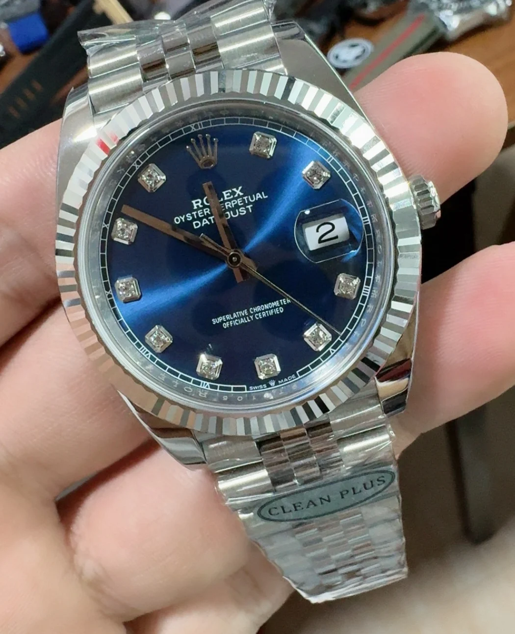 Rolex Datejust Blue Dial Diamond-Set 41mm — photographed off the sweep