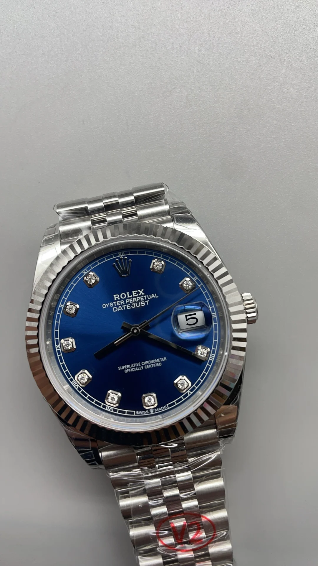Rolex Datejust Blue Dial Diamond-Set 41mm — photographed off the sweep
