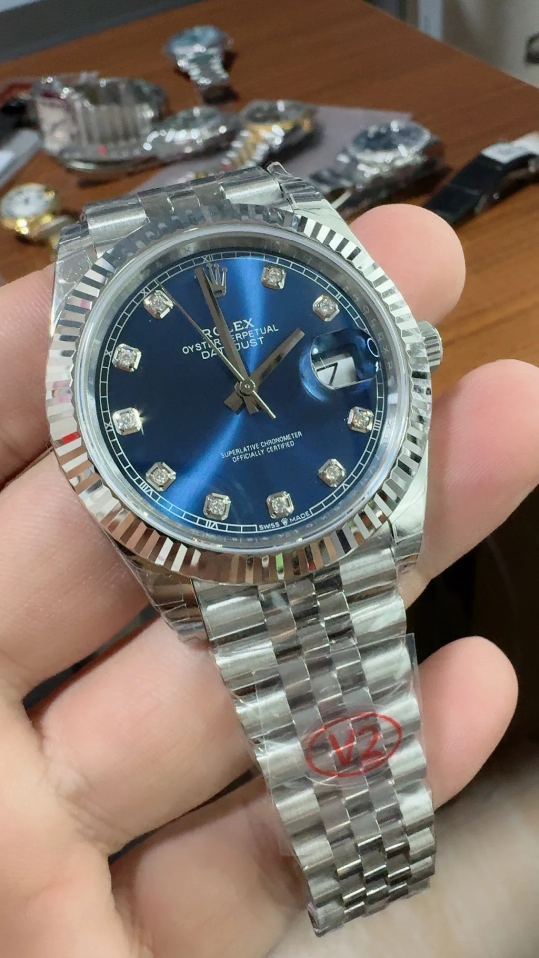 Rolex Datejust Blue Dial Diamond-Set 41mm — photographed off the sweep