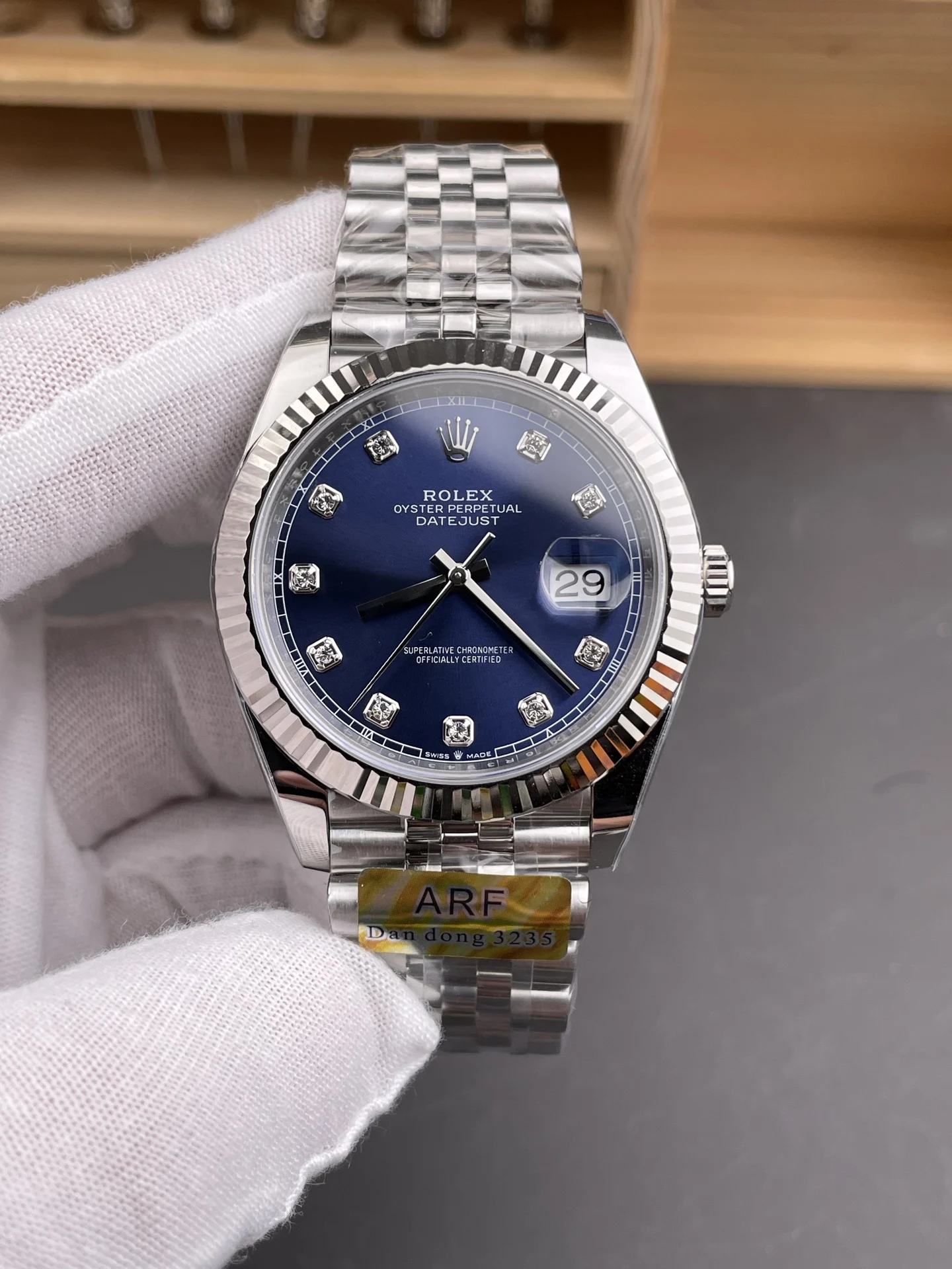Rolex Datejust Blue Dial Diamond-Set 41mm — photographed off the sweep