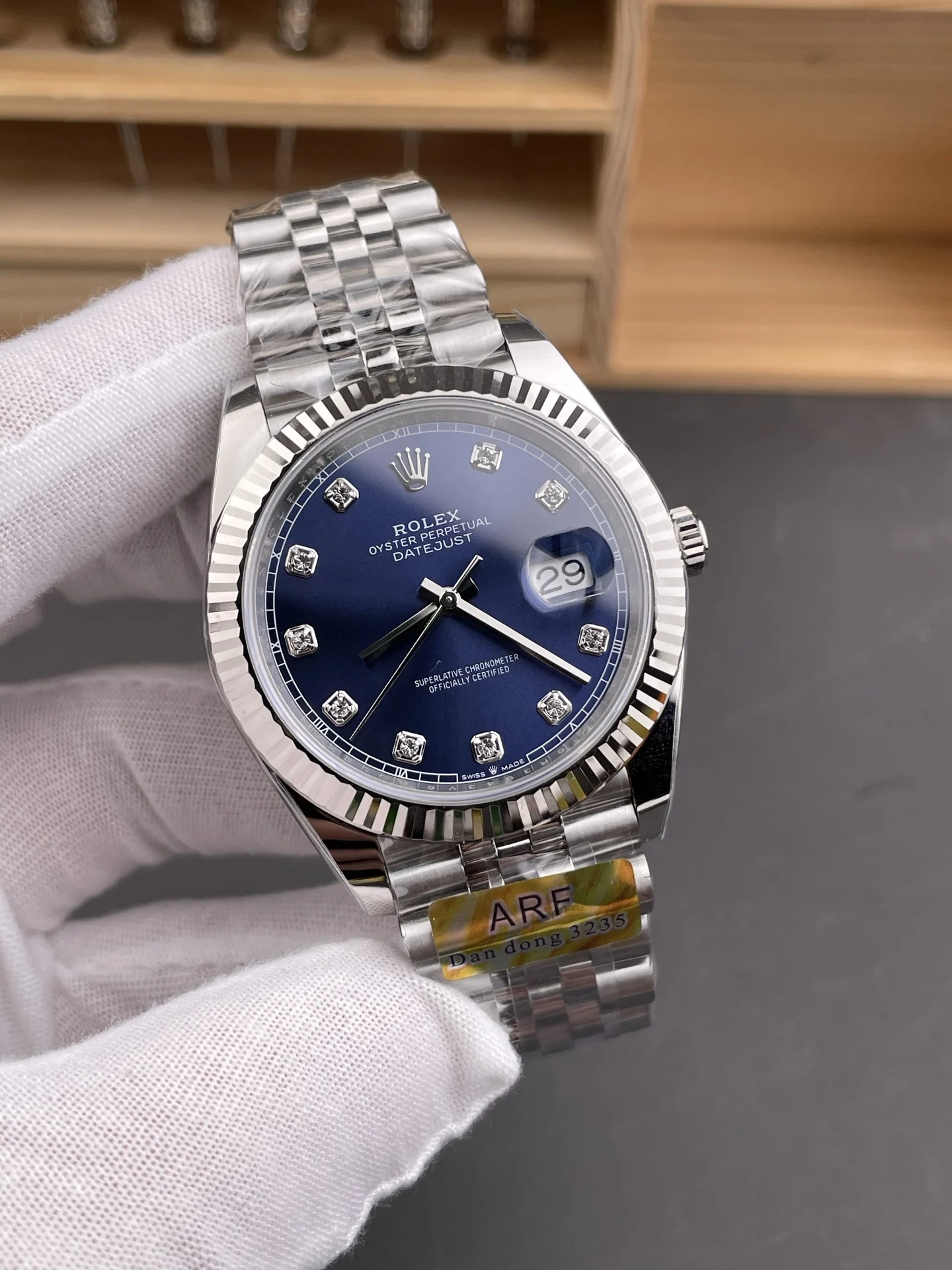 Rolex Datejust Blue Dial Diamond-Set 41mm — photographed off the sweep