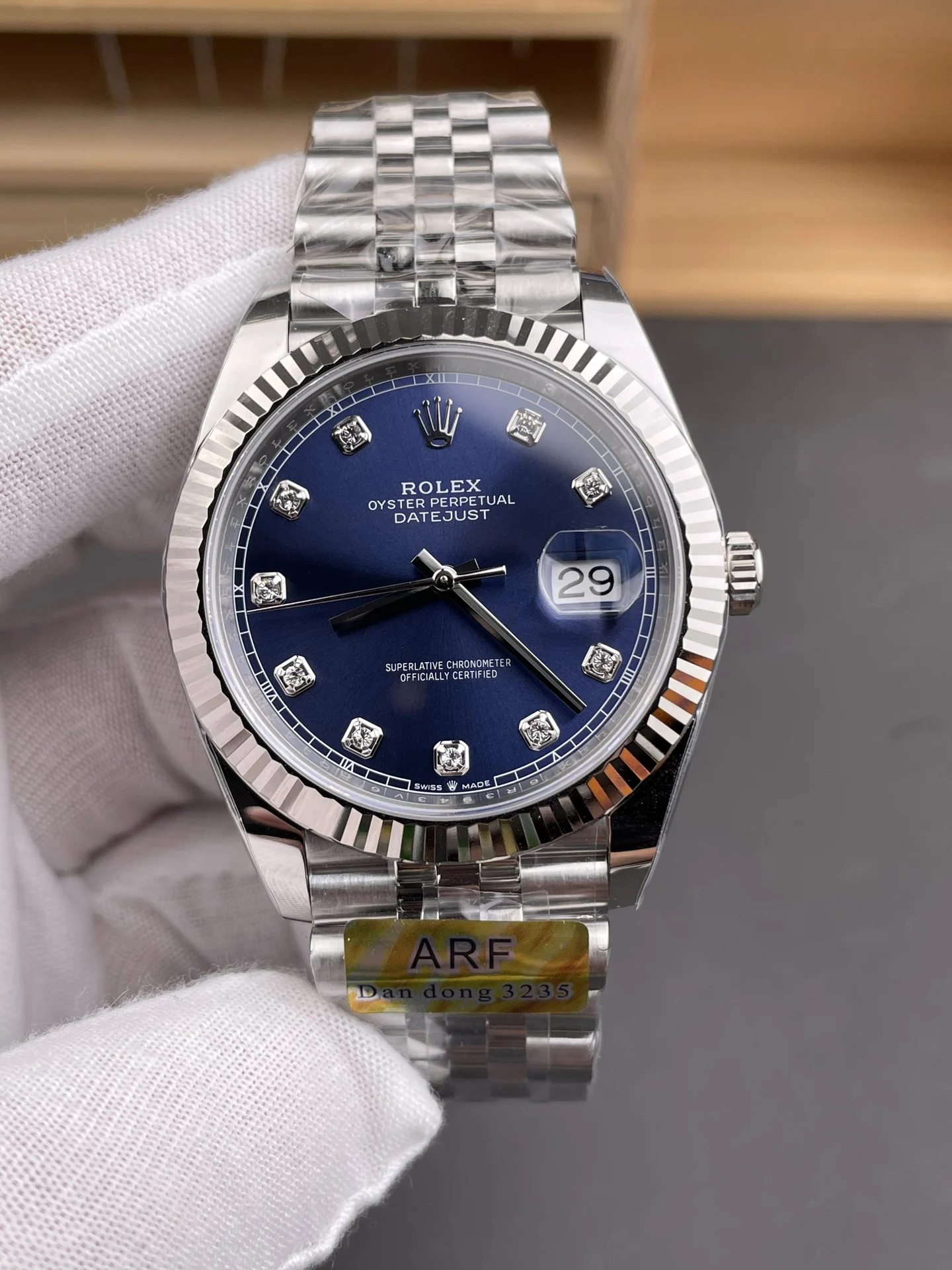 Rolex Datejust Blue Dial Diamond-Set 41mm — photographed off the sweep