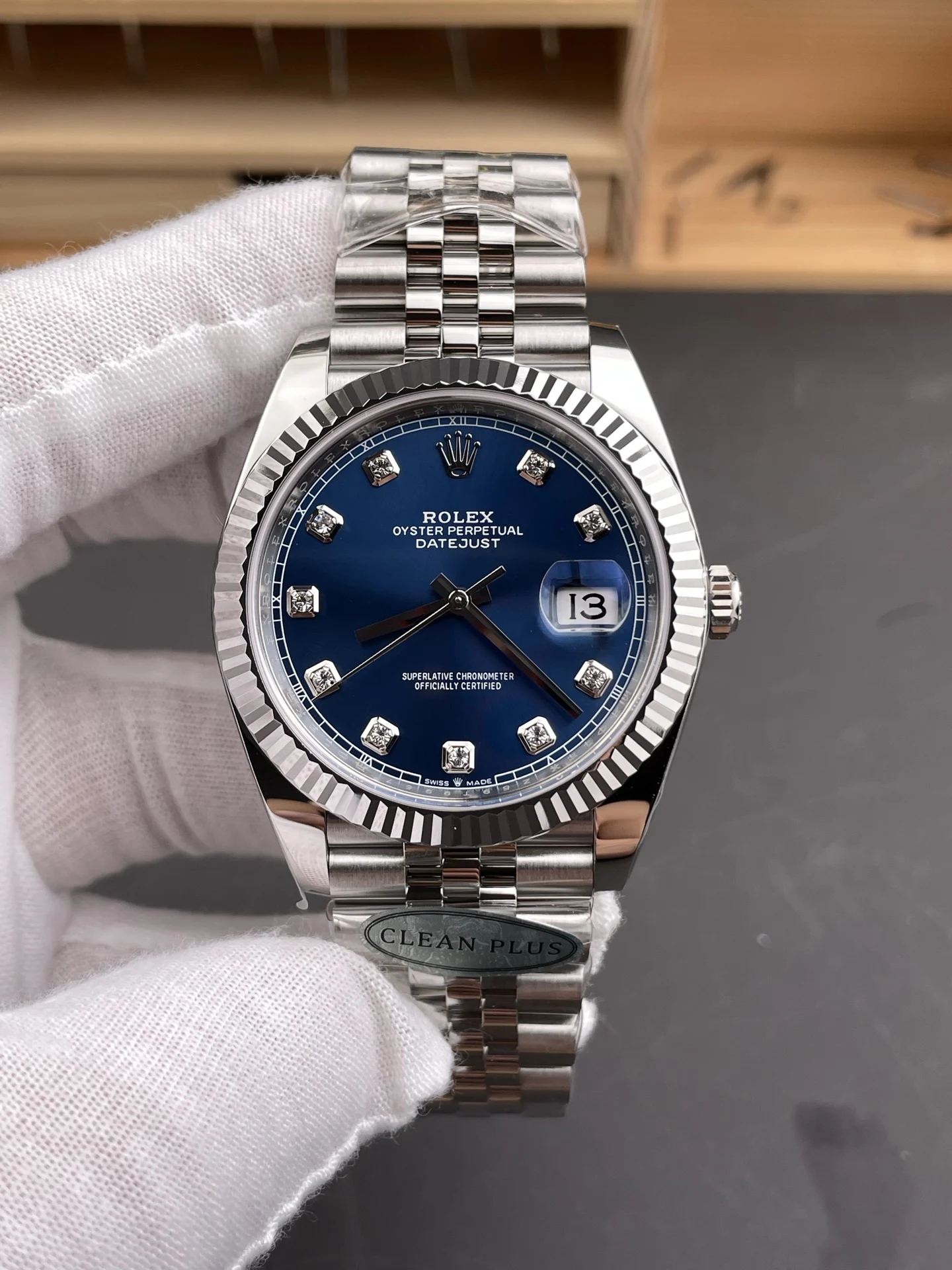 Rolex Datejust Blue Dial Diamond-Set 41mm — photographed off the sweep