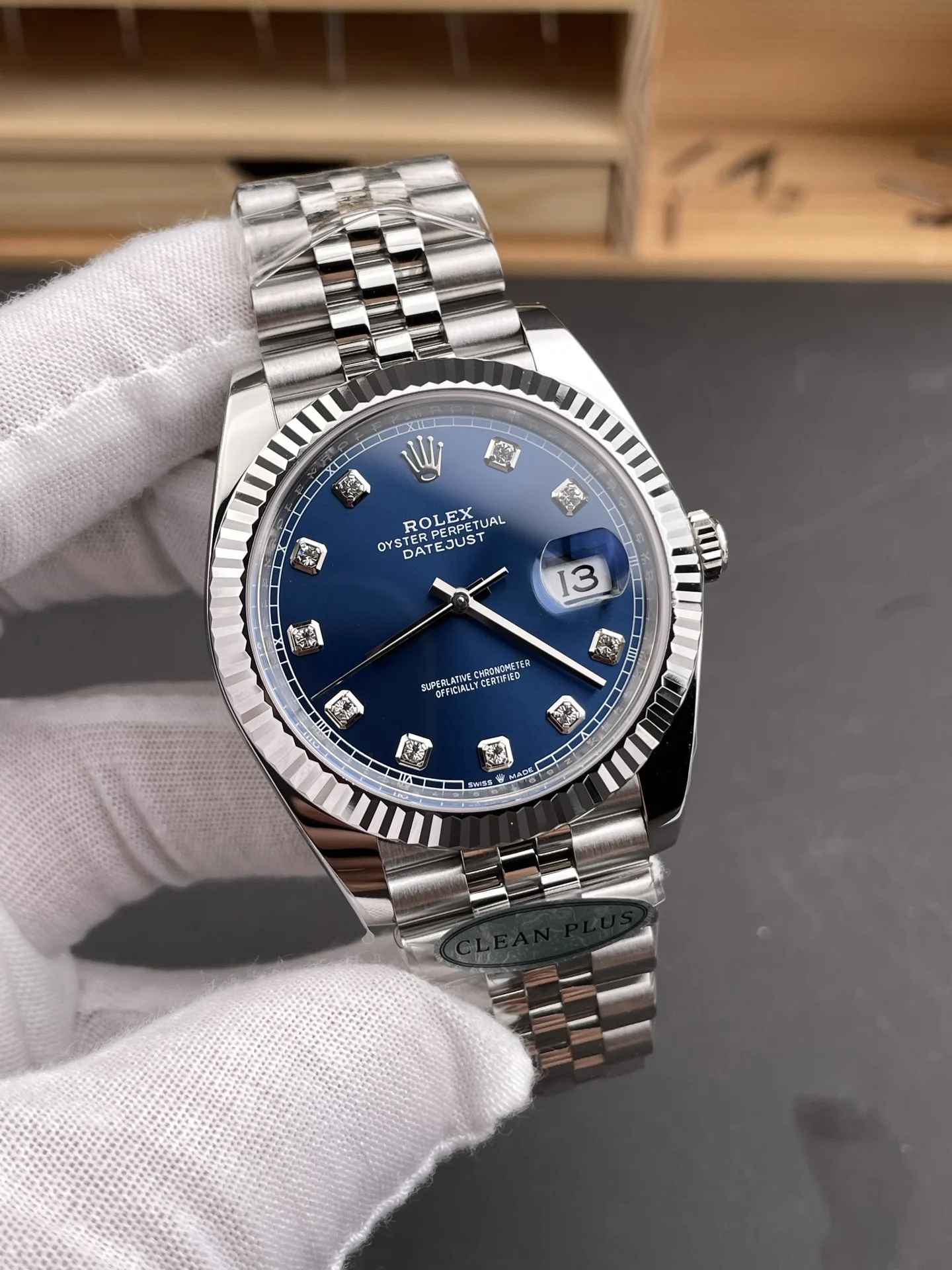 Rolex Datejust Blue Dial Diamond-Set 41mm — photographed off the sweep