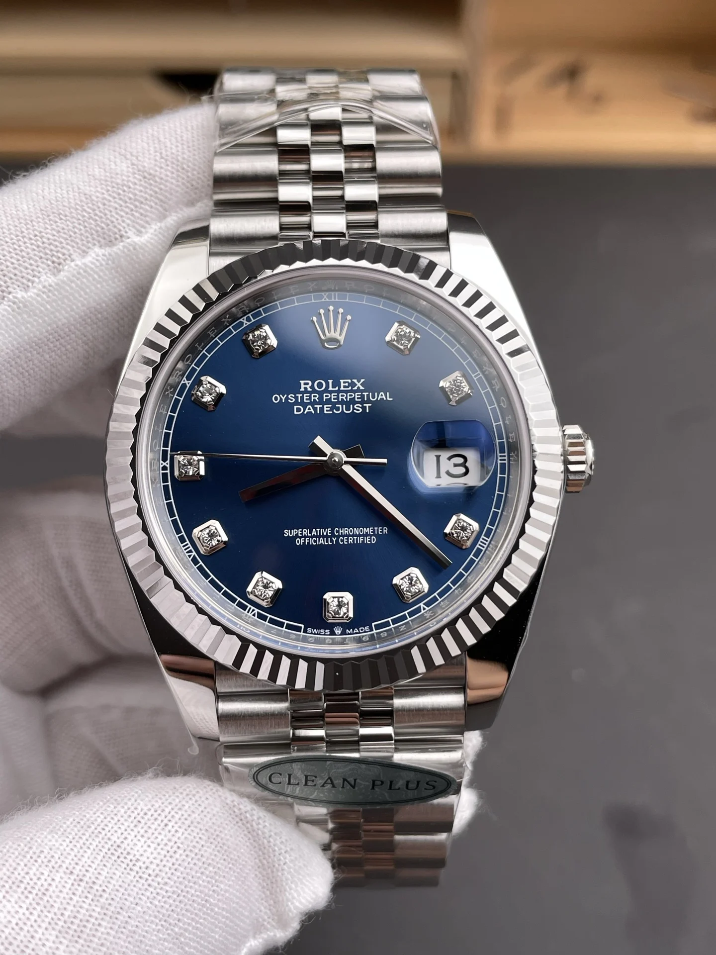 Rolex Datejust Blue Dial Diamond-Set 41mm — photographed off the sweep