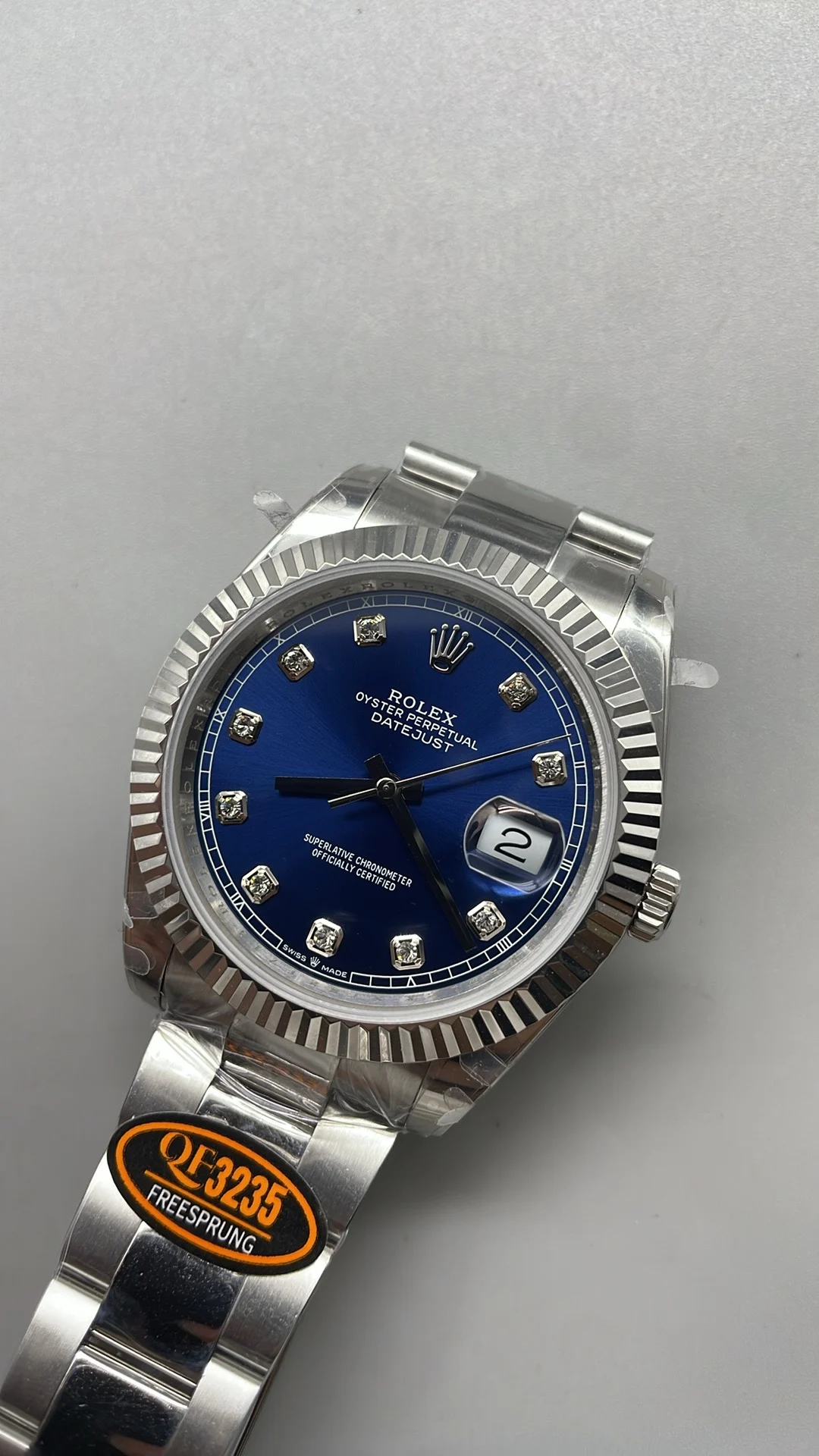 Rolex Datejust Blue Dial Diamond-Set 41mm — photographed off the sweep