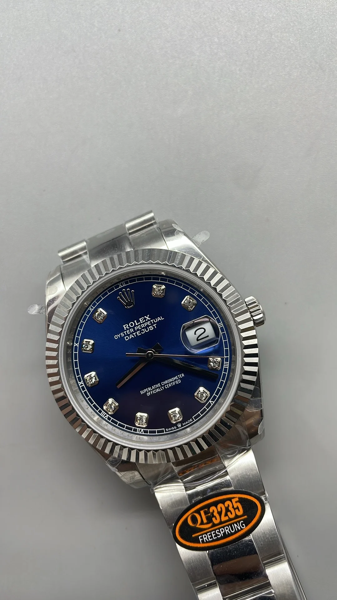 Rolex Datejust Blue Dial Diamond-Set 41mm — photographed off the sweep