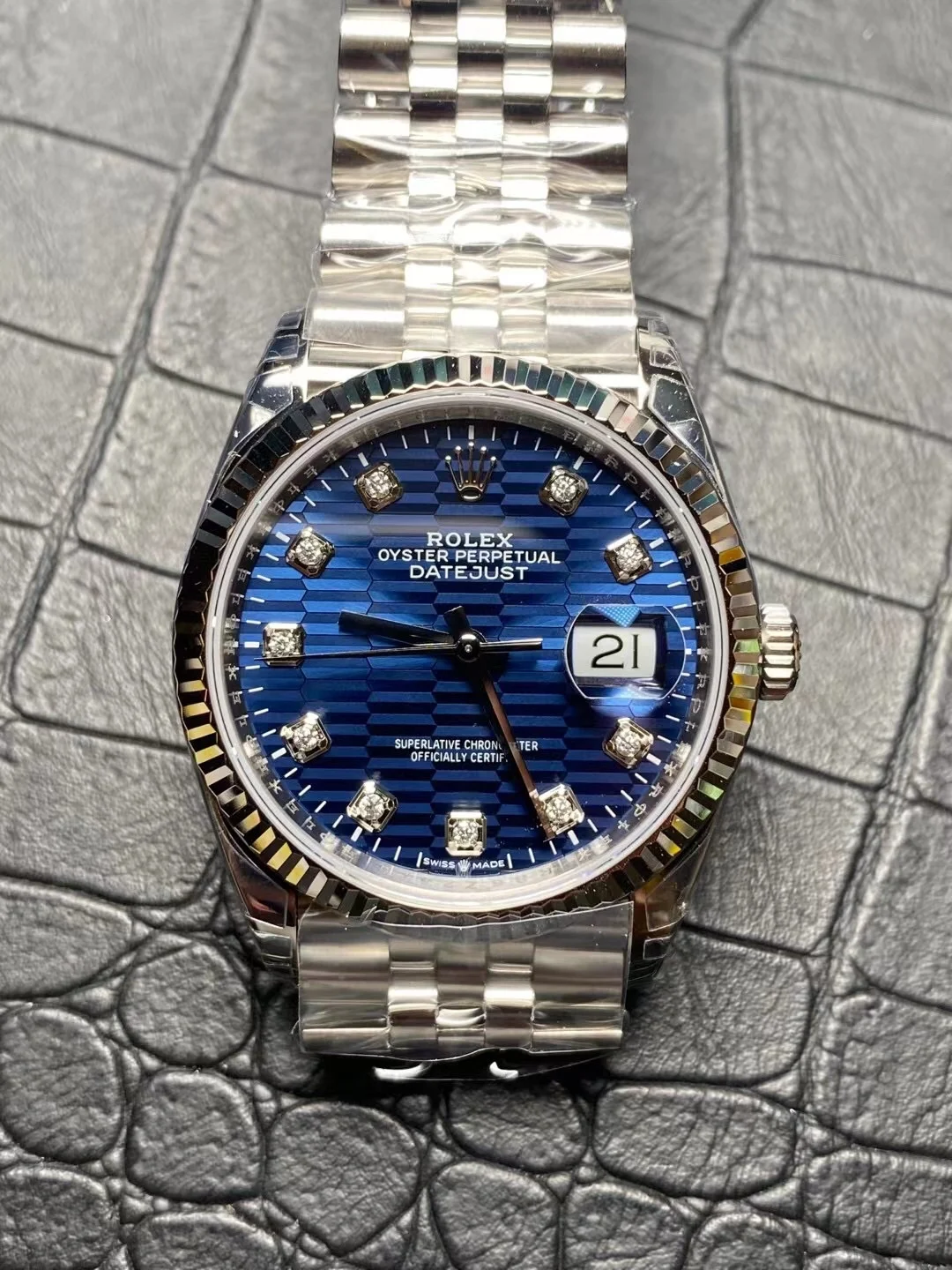 Rolex Datejust Blue Dial Diamond-Set — photographed off the sweep