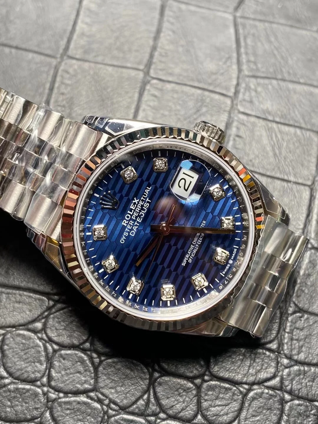 Rolex Datejust Blue Dial Diamond-Set — photographed off the sweep