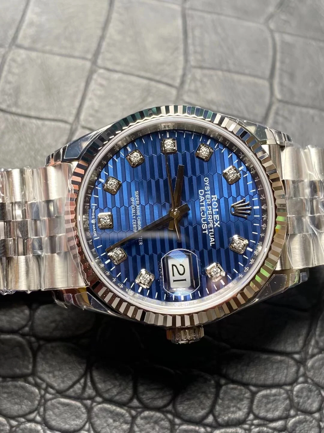 Rolex Datejust Blue Dial Diamond-Set — photographed off the sweep