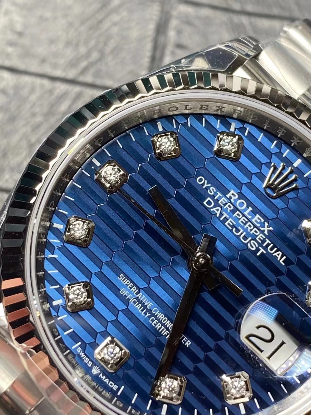 Rolex Datejust Blue Dial Diamond-Set — photographed off the sweep
