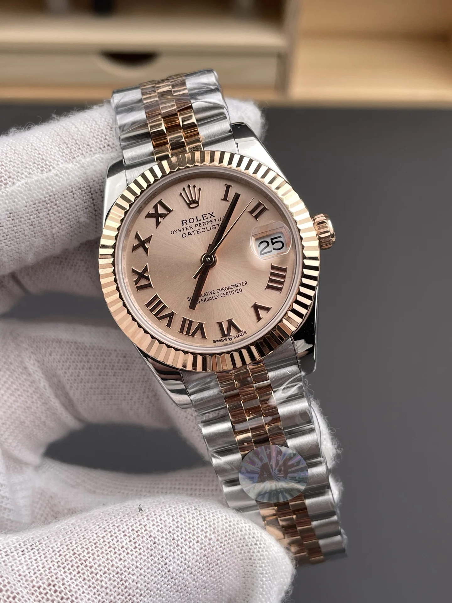 Rolex Datejust Champagne Rose Gold 31mm — photographed off the sweep