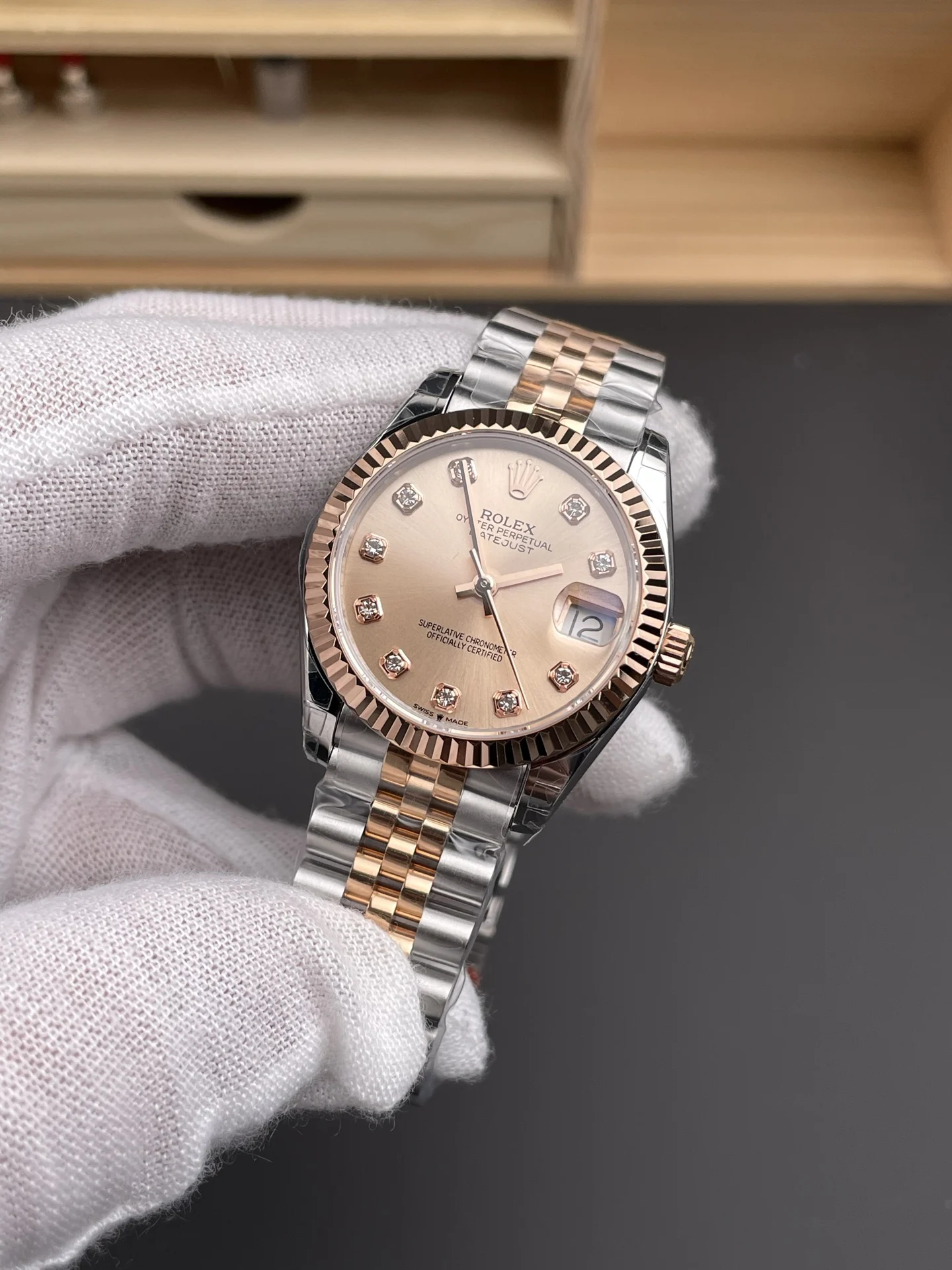 Rolex Datejust Champagne Two-Tone 31mm — photographed off the sweep