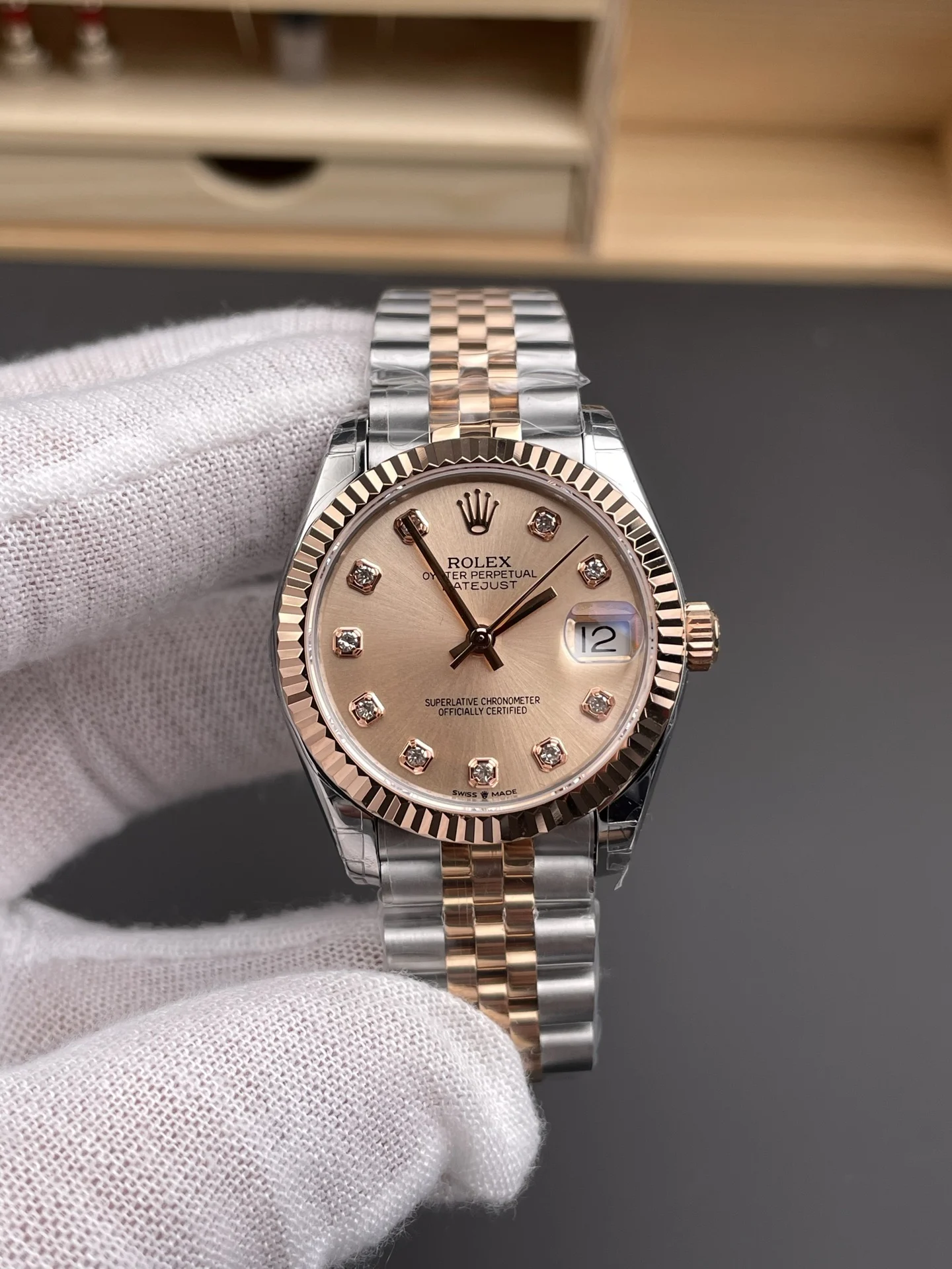 Rolex Datejust Champagne Two-Tone 31mm — photographed off the sweep