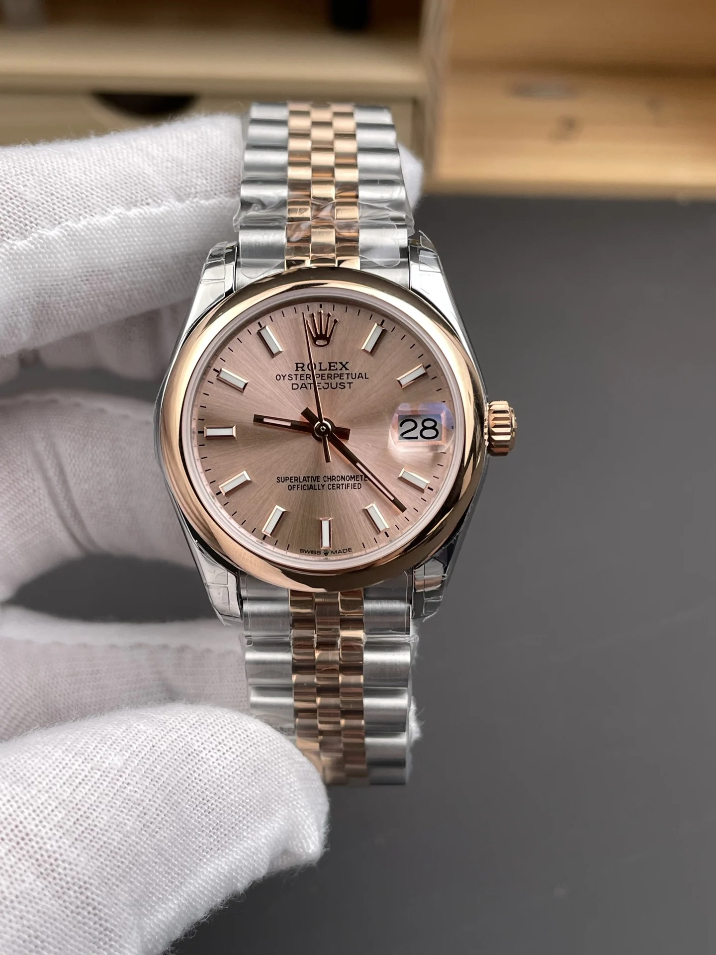 Rolex Datejust Champagne Two-Tone 31mm — photographed off the sweep