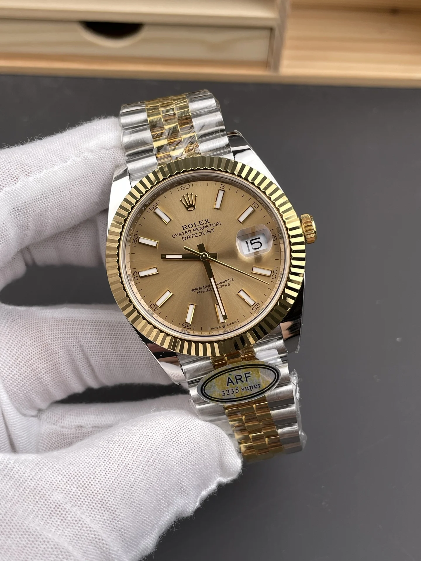 Rolex Datejust Champagne Two-Tone 41mm — photographed off the sweep