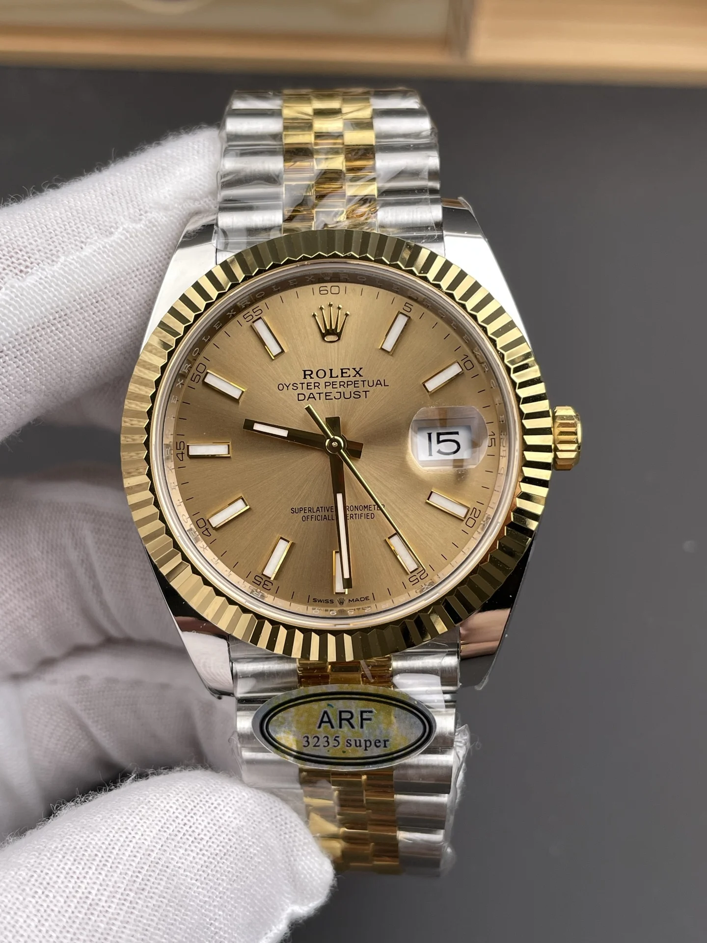 Rolex Datejust Champagne Two-Tone 41mm — photographed off the sweep