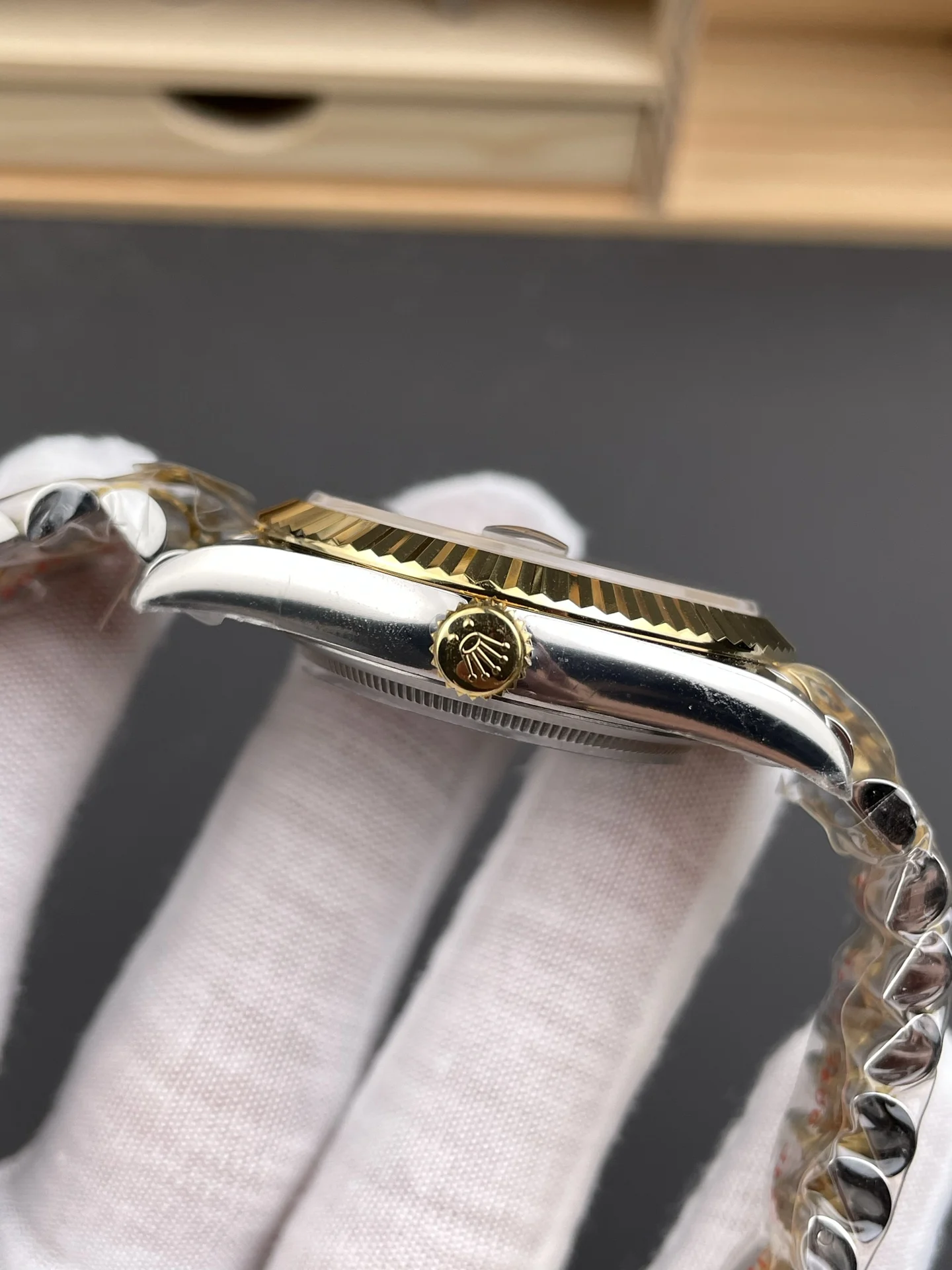 Rolex Datejust Champagne Two-Tone 41mm — photographed off the sweep