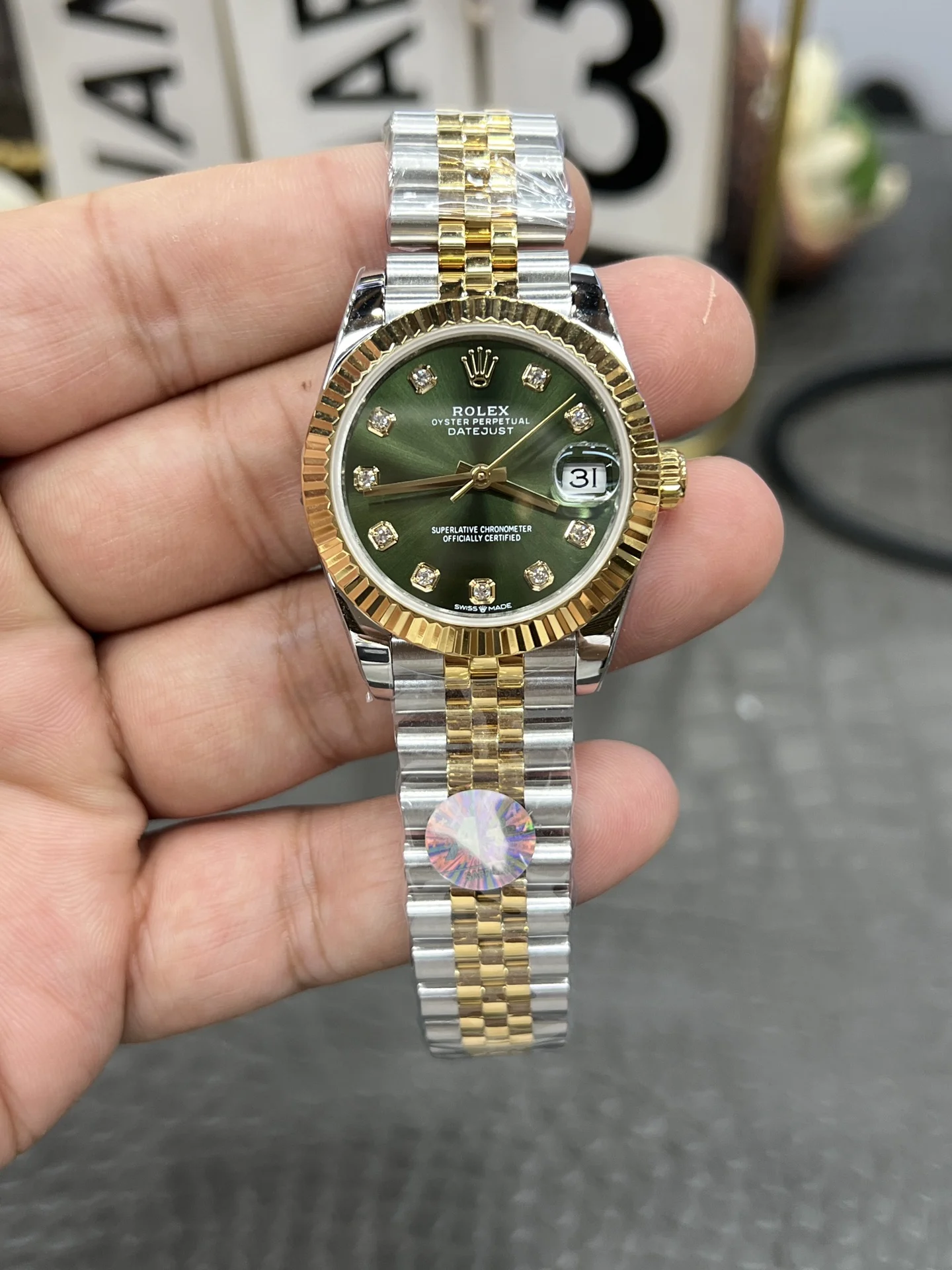 Rolex Datejust Green Dial 31mm — photographed off the sweep