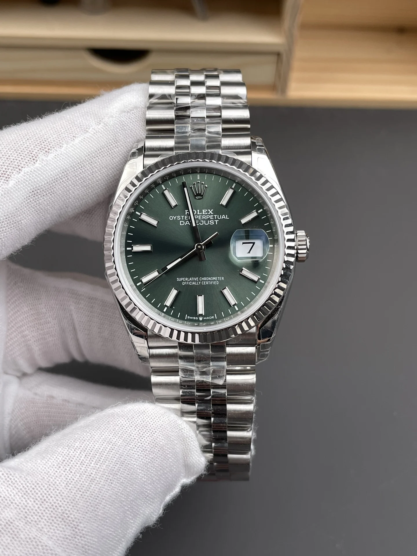 Rolex Datejust Green Dial 36mm — photographed off the sweep