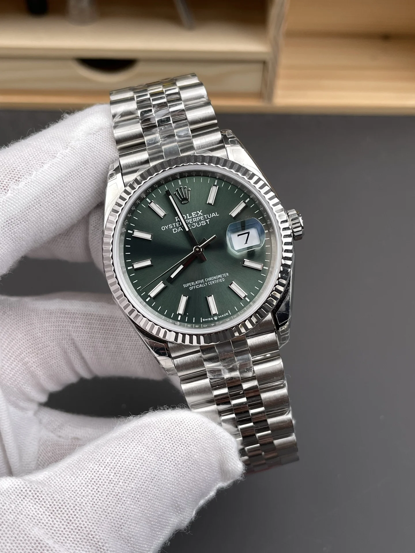 Rolex Datejust Green Dial 36mm — photographed off the sweep