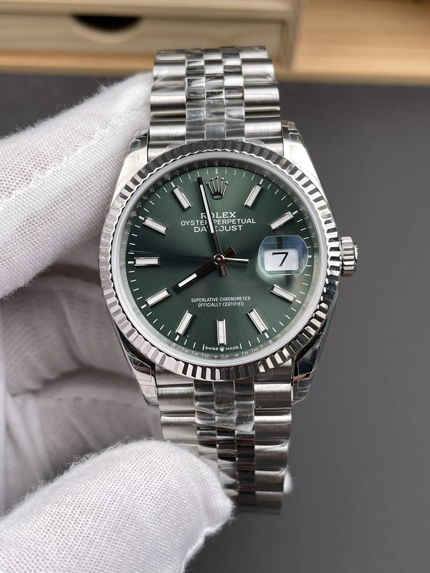 Rolex Datejust Green Dial 36mm — photographed off the sweep