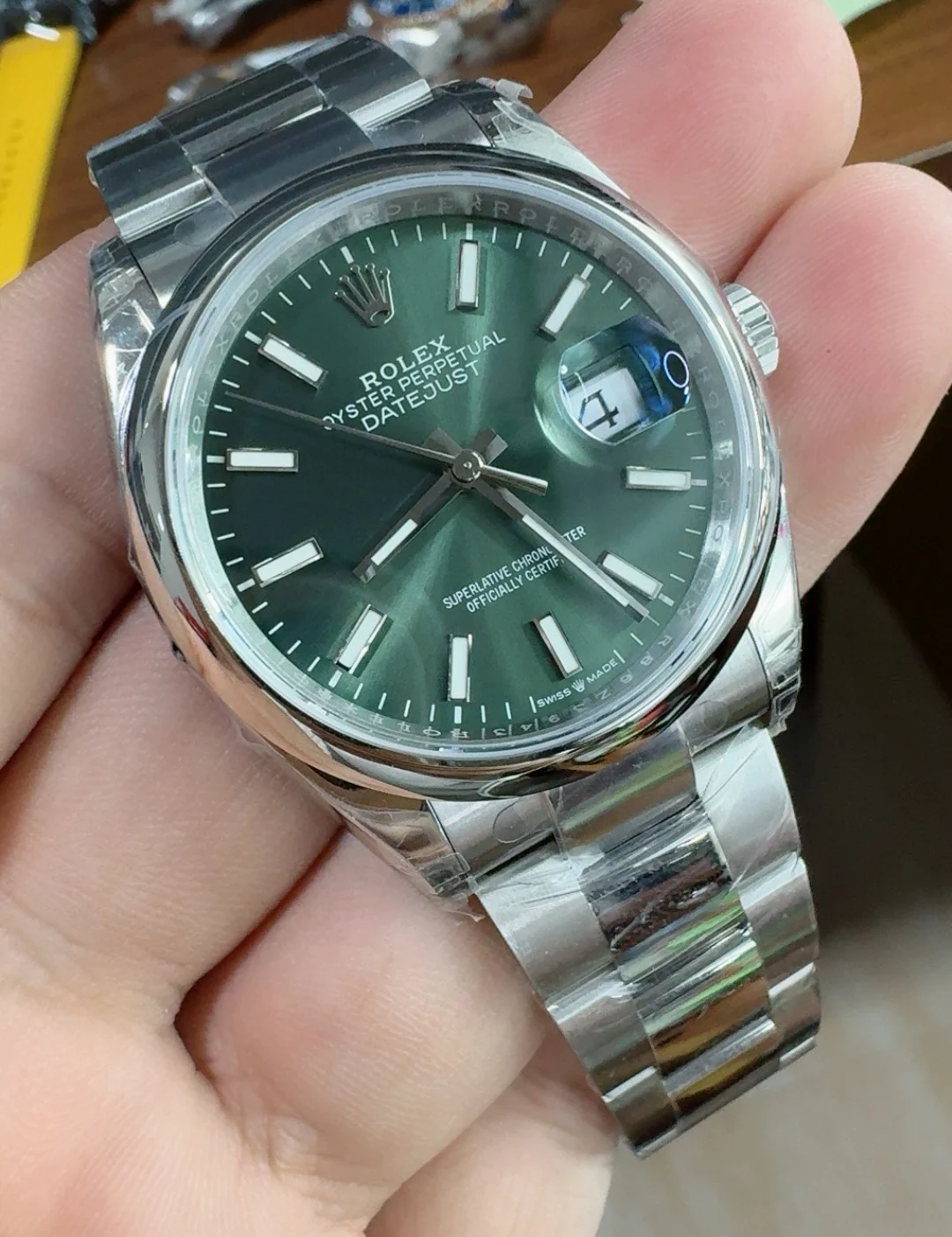 Rolex Datejust Green Dial 36mm — photographed off the sweep