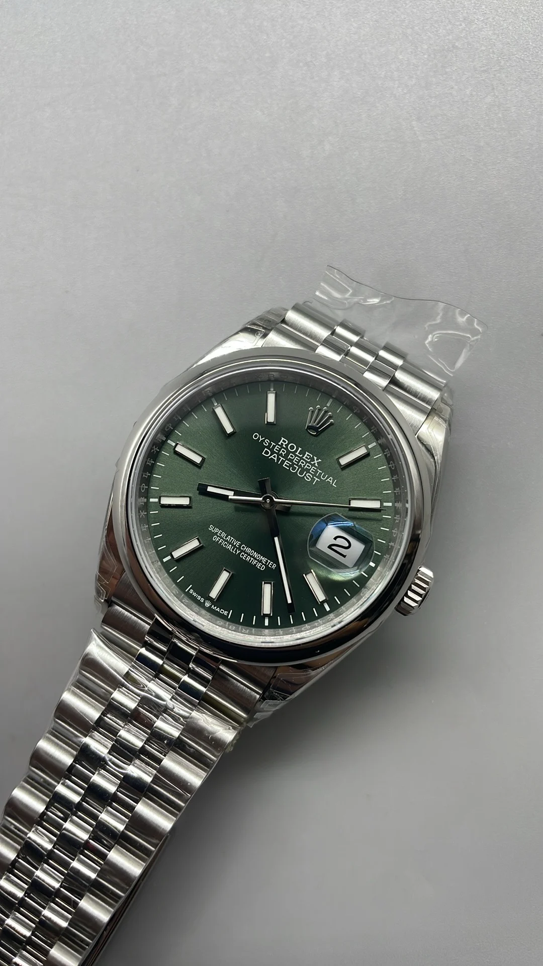 Rolex Datejust Green Dial 36mm — photographed off the sweep