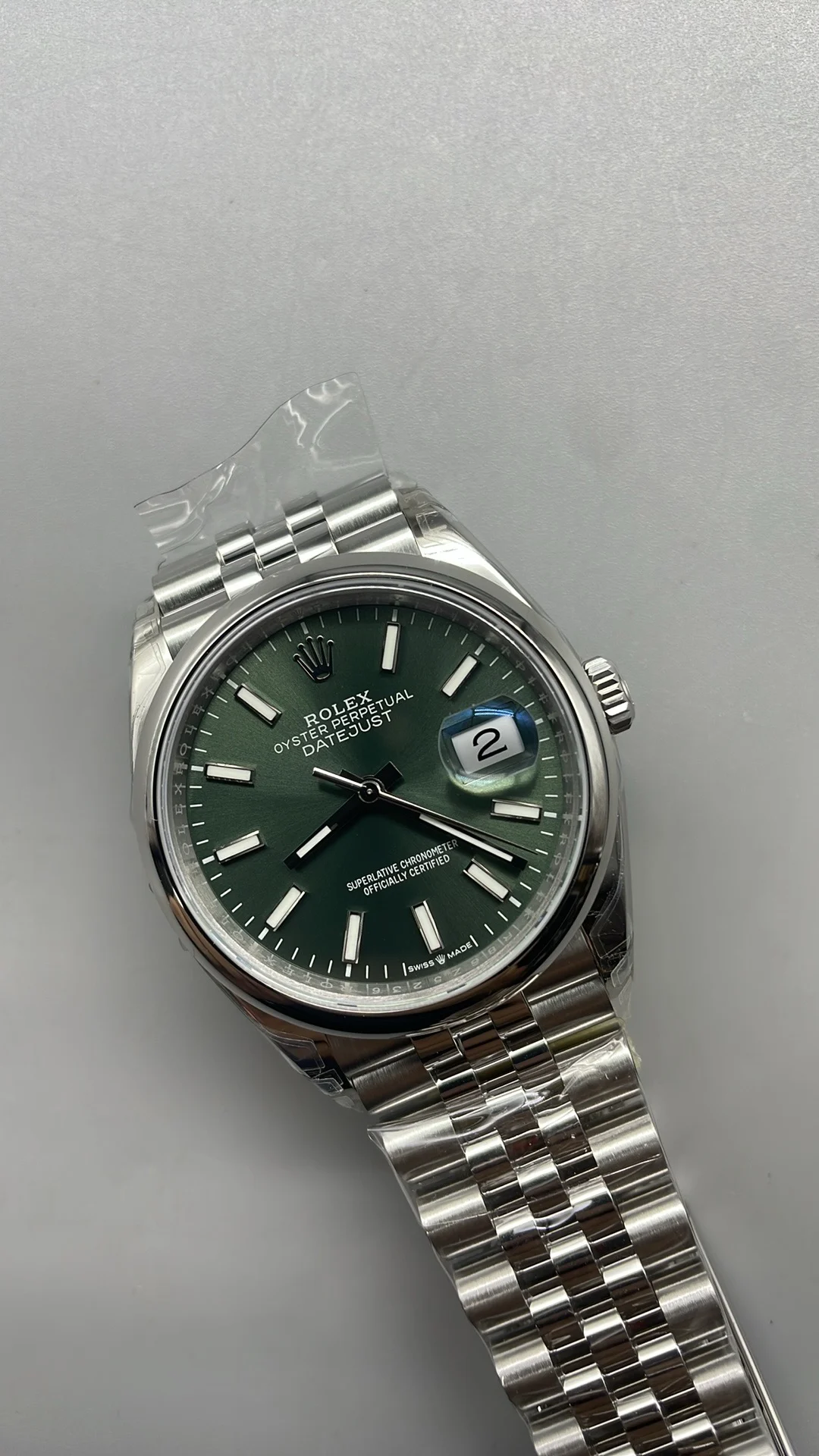 Rolex Datejust Green Dial 36mm — photographed off the sweep