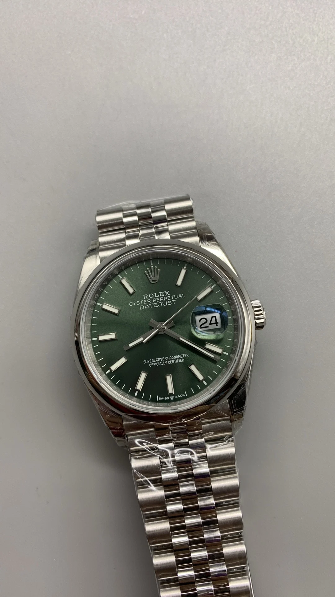 Rolex Datejust Green Dial 36mm — photographed off the sweep