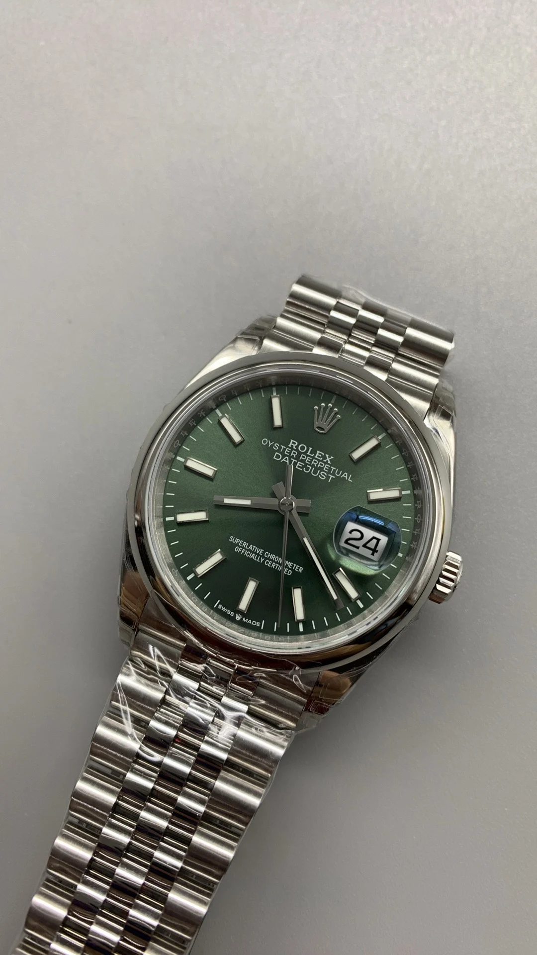 Rolex Datejust Green Dial 36mm — photographed off the sweep