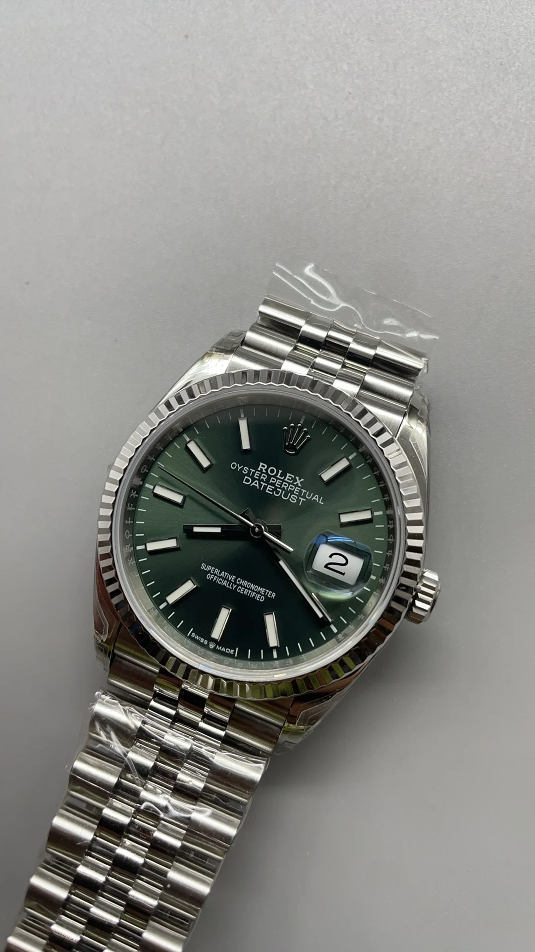 Rolex Datejust Green Dial 36mm — photographed off the sweep