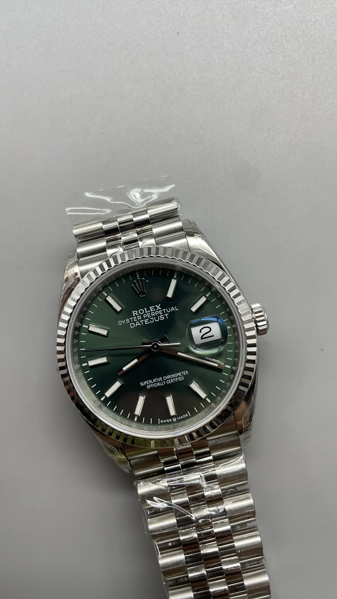 Rolex Datejust Green Dial 36mm — photographed off the sweep