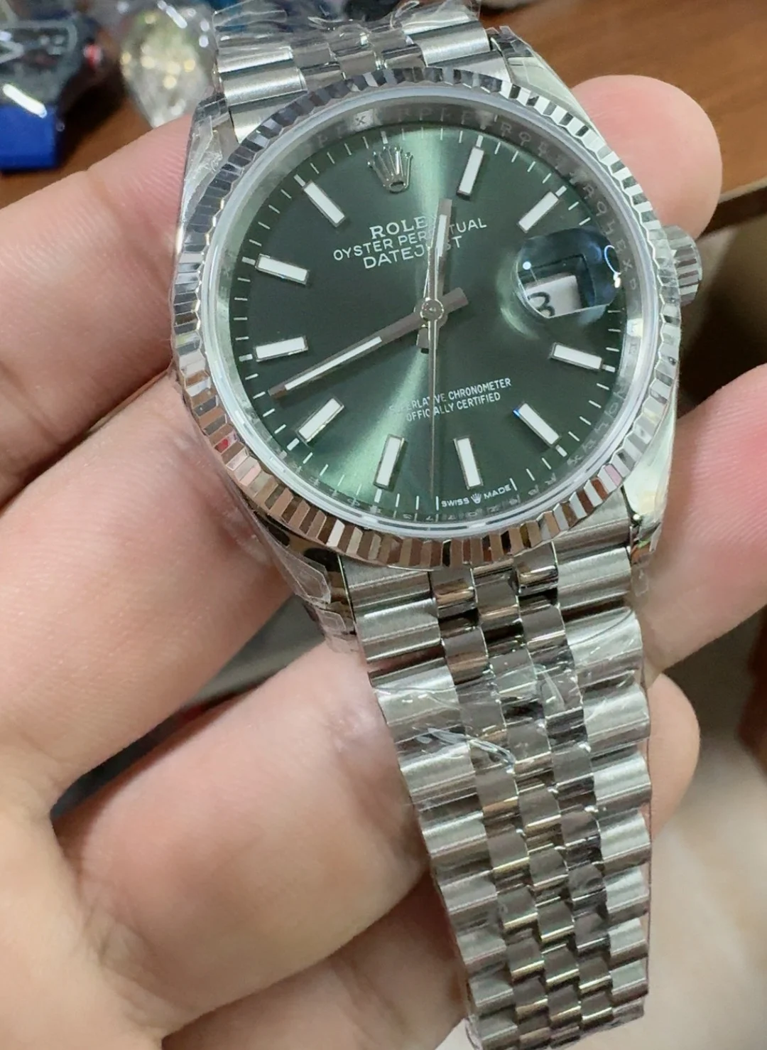 Rolex Datejust Green Dial 36mm — photographed off the sweep