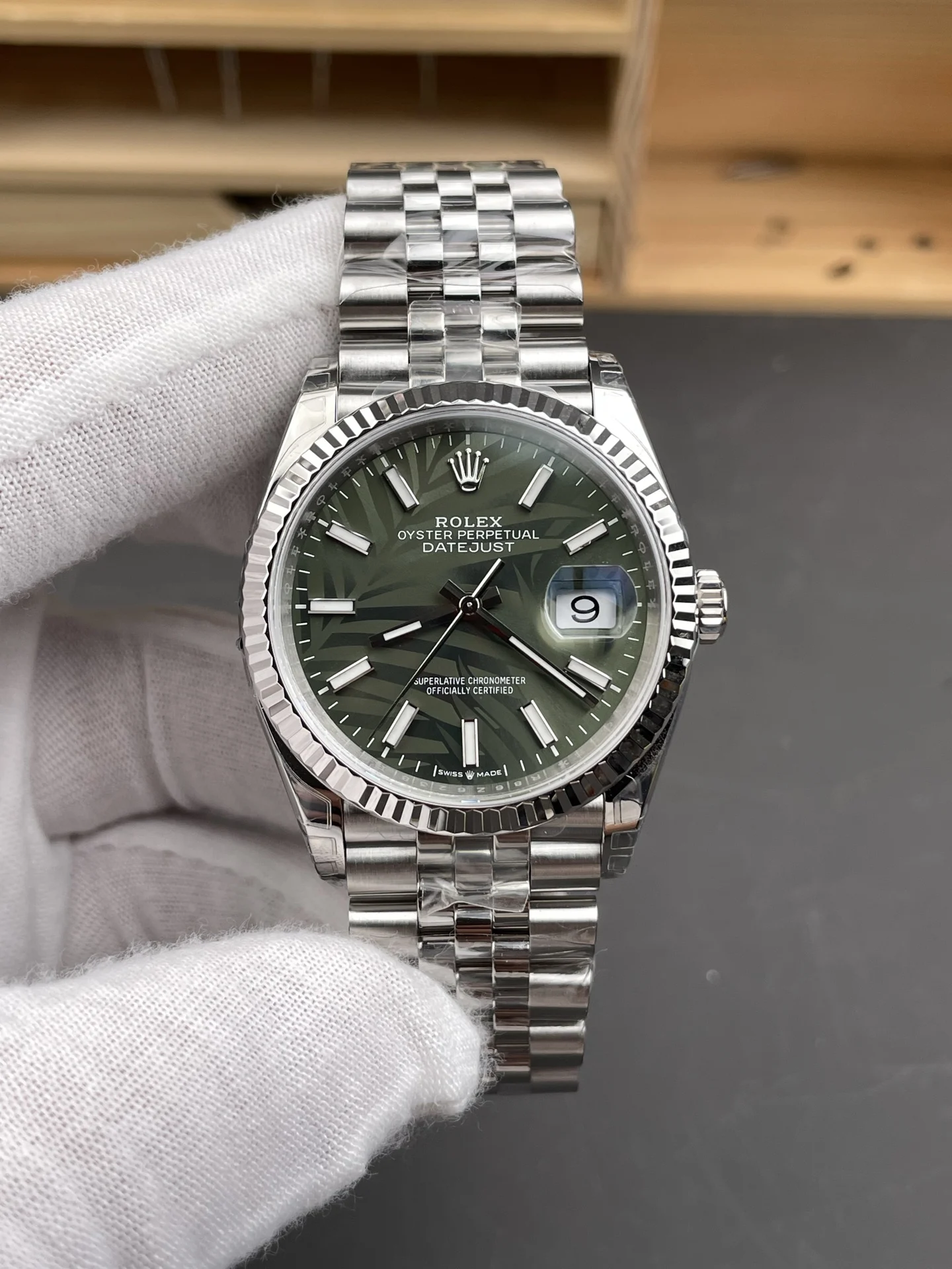 Rolex Datejust Green Dial 36mm — photographed off the sweep