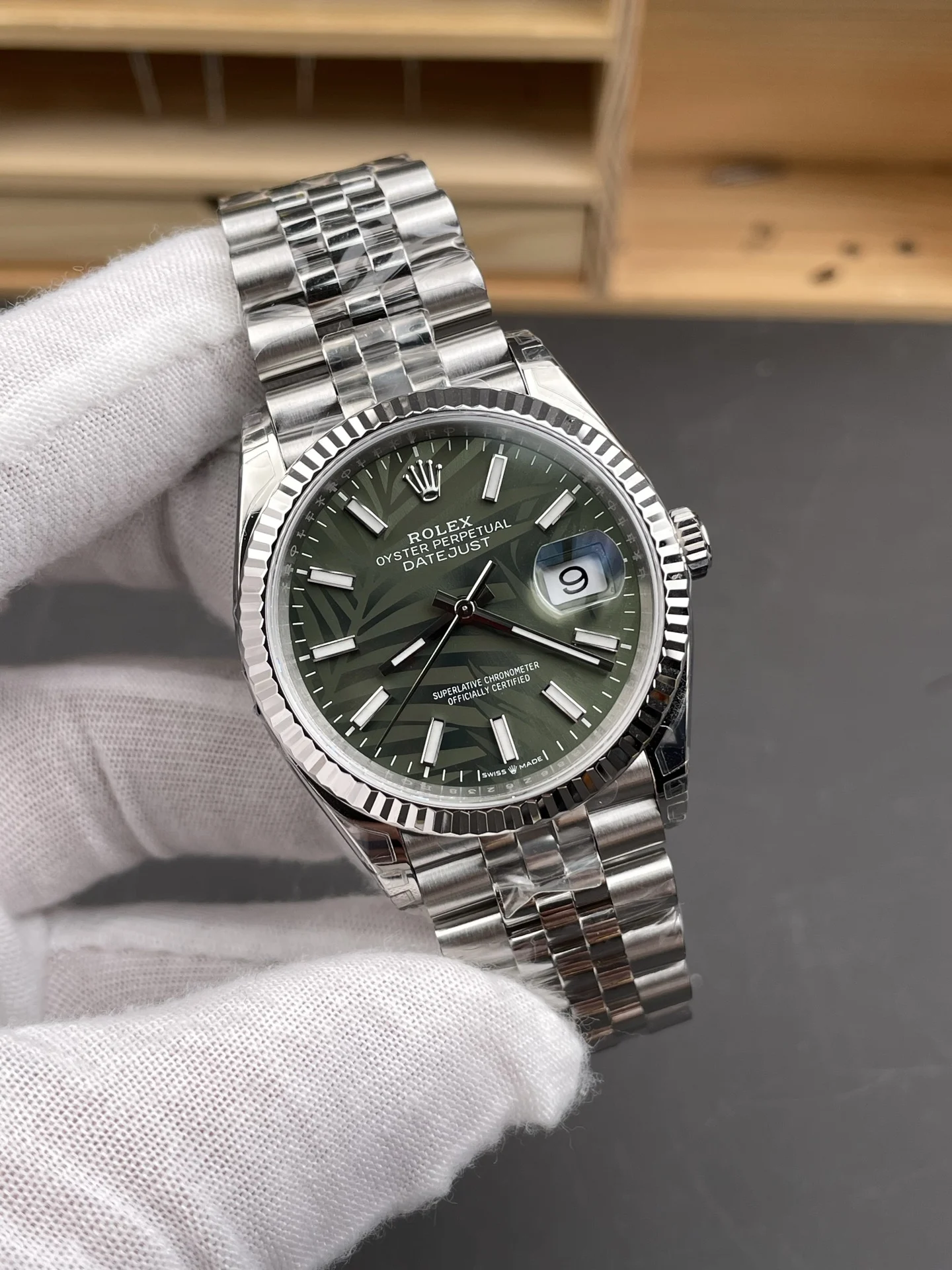 Rolex Datejust Green Dial 36mm — photographed off the sweep
