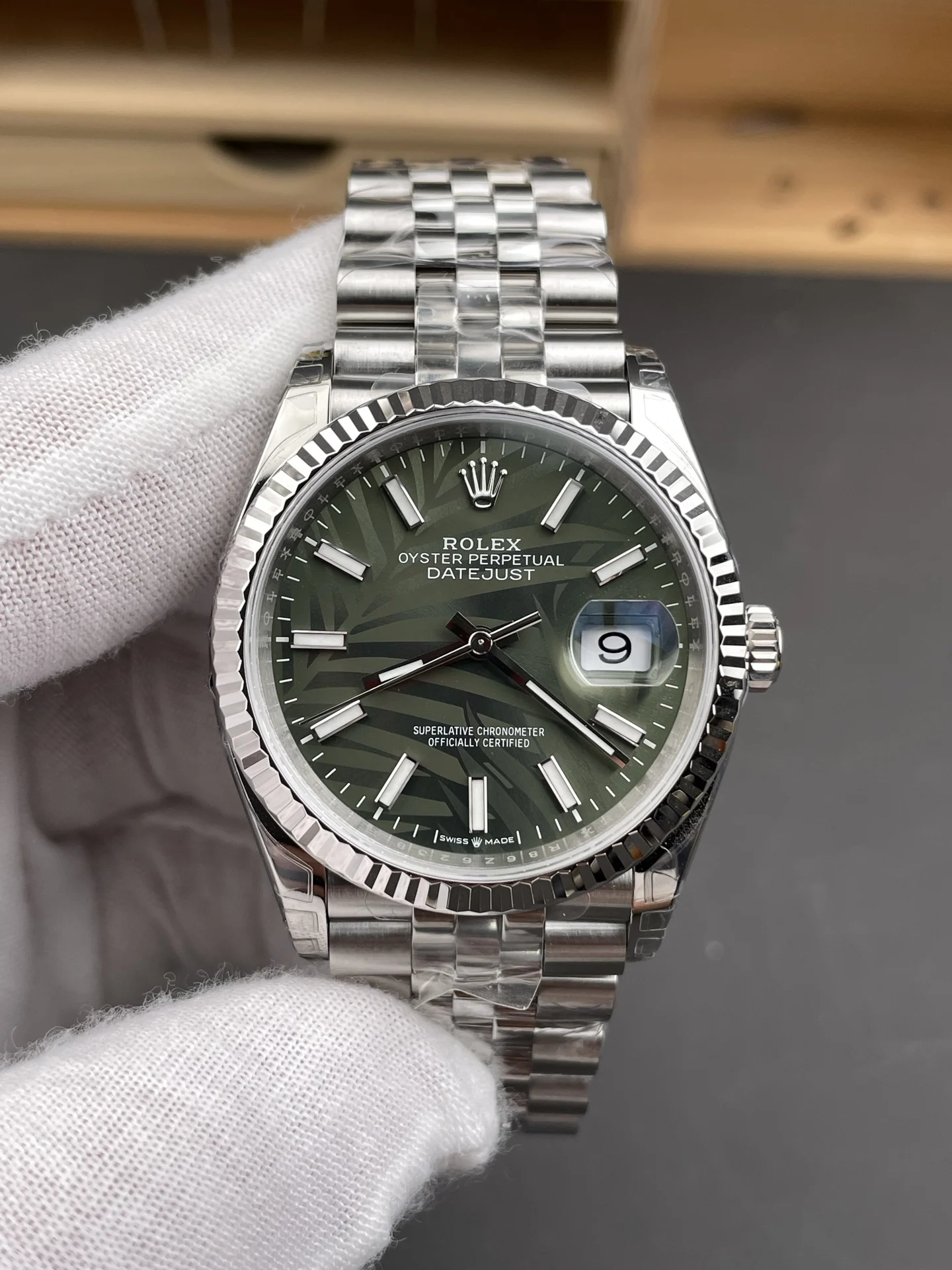 Rolex Datejust Green Dial 36mm — photographed off the sweep
